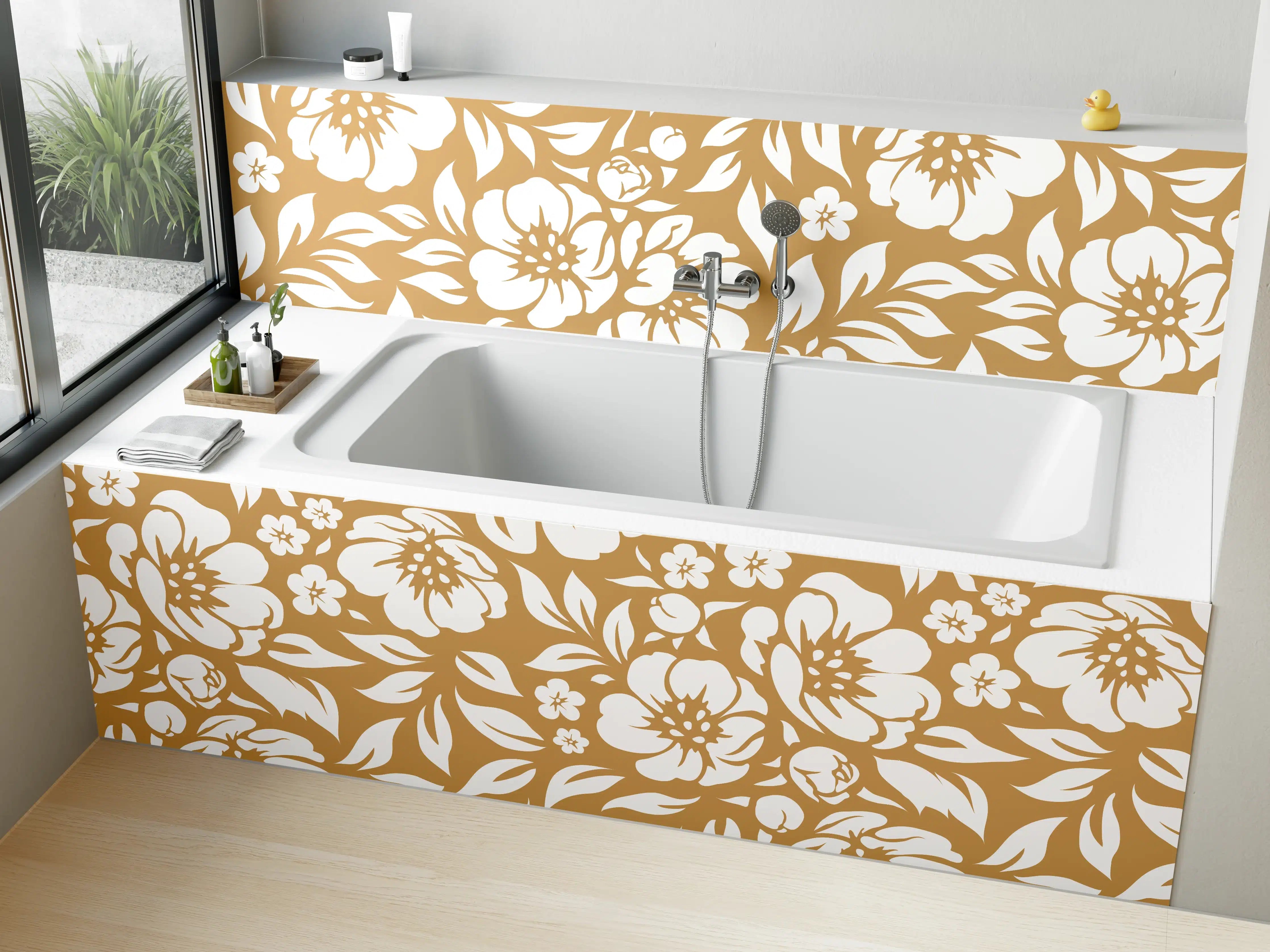 Badewannen-Rückwand - Weiße und goldene Blumenmuster-Textur