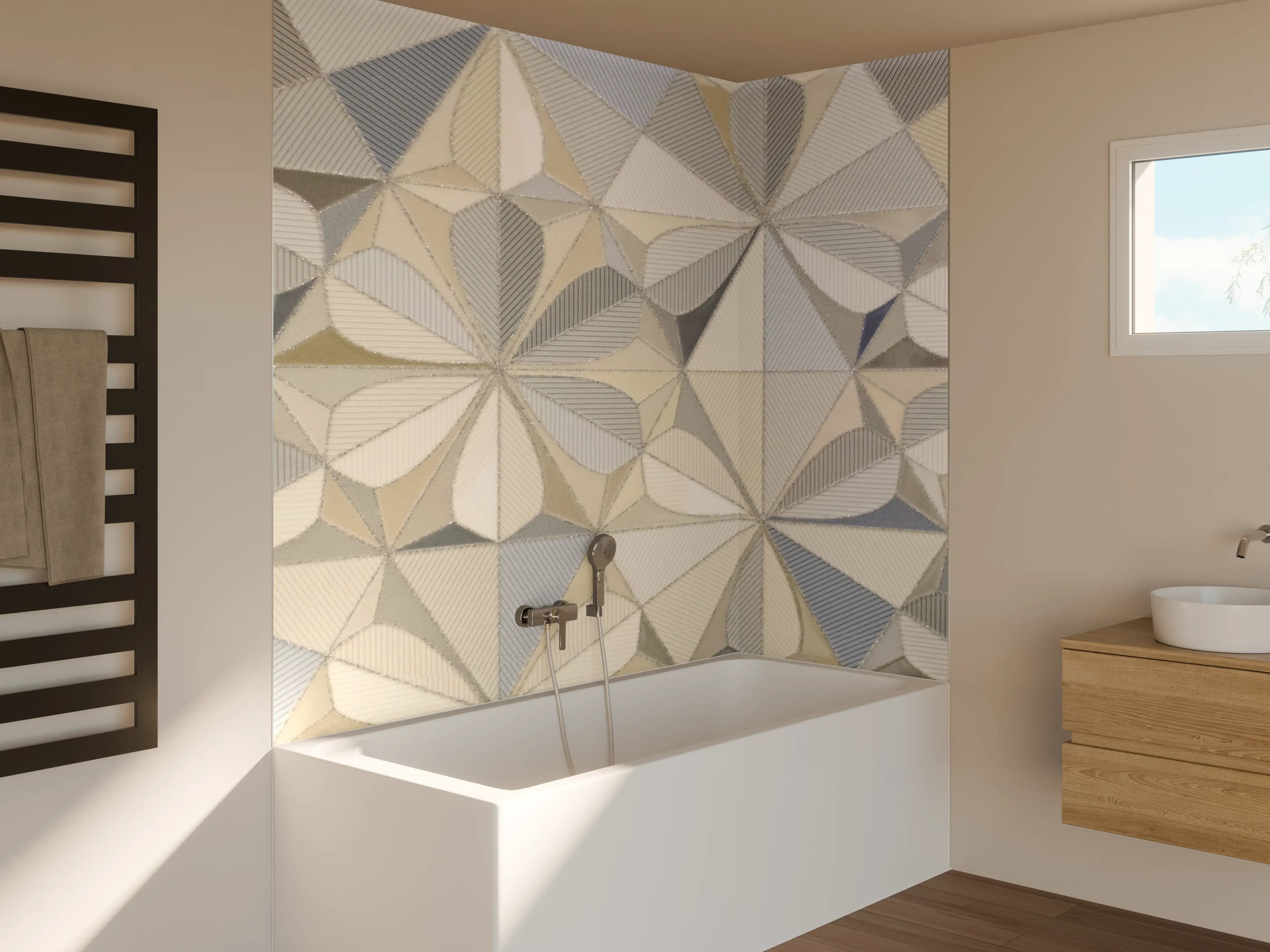 Badewannen-Rückwand - Weiße und graue geometrische Musterfliesen