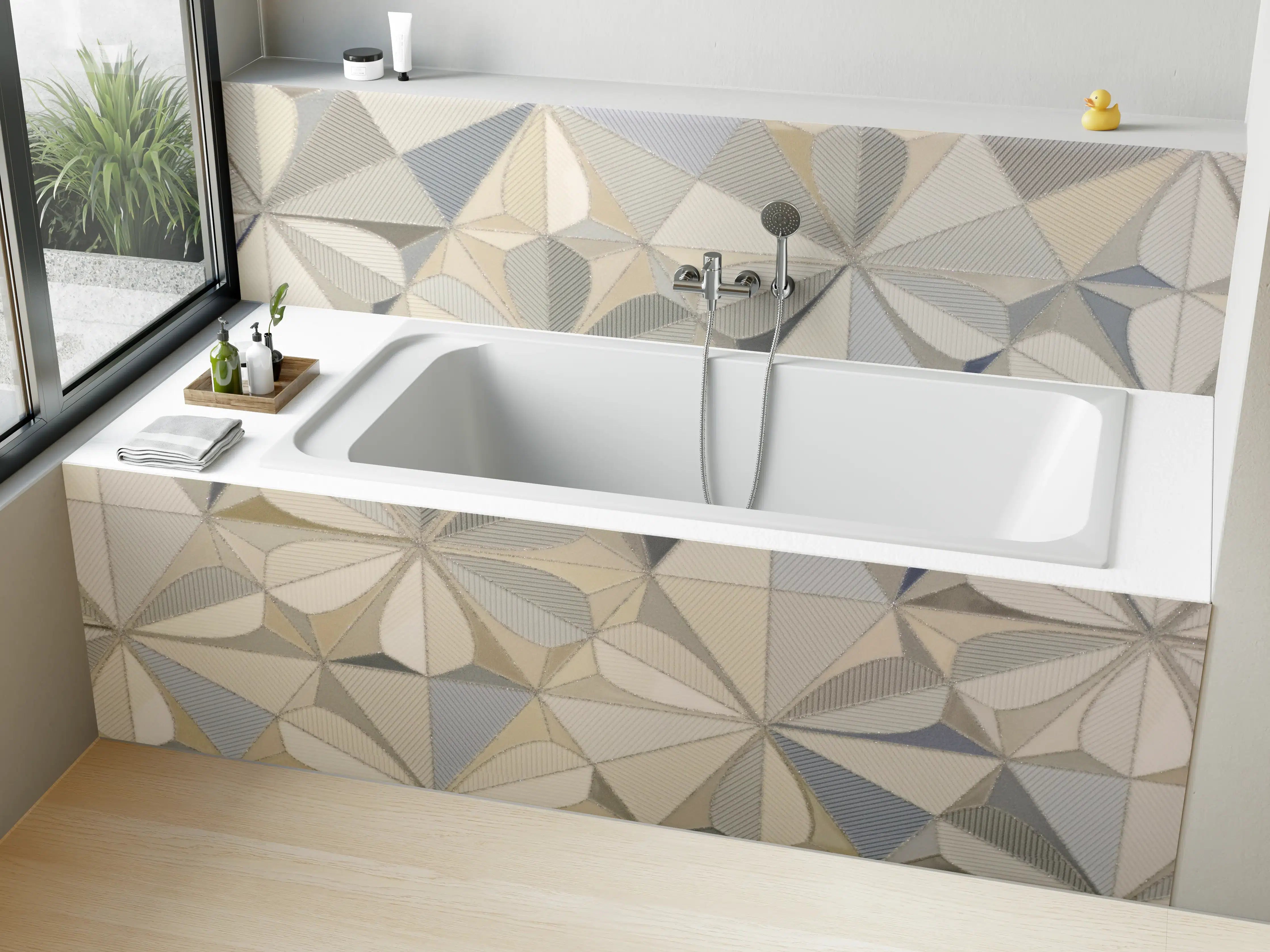 Badewannen-Rückwand - Weiße und graue geometrische Musterfliesen