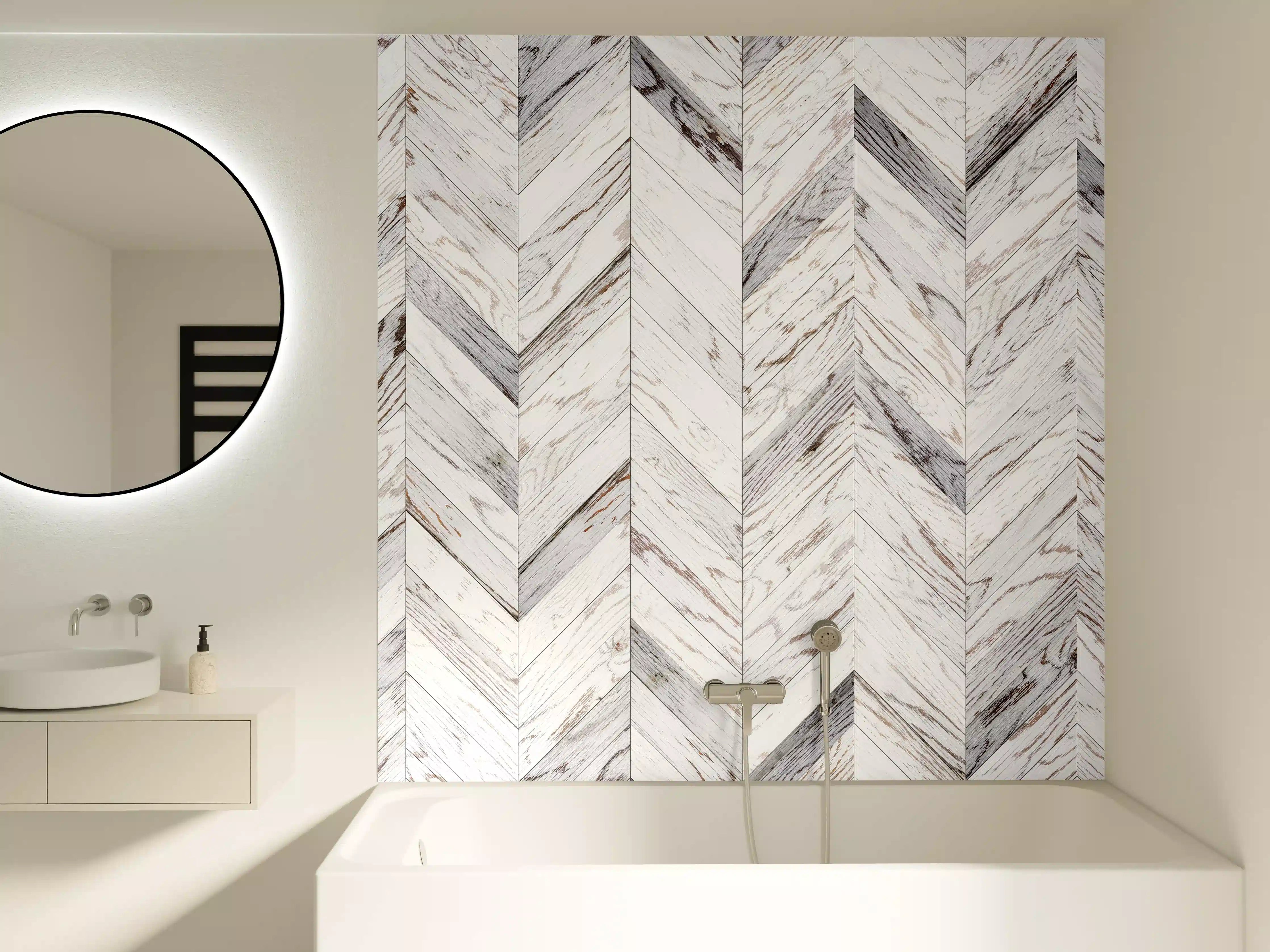 Badewannen-Rückwand - Weißer Chevron - Holzoptik
