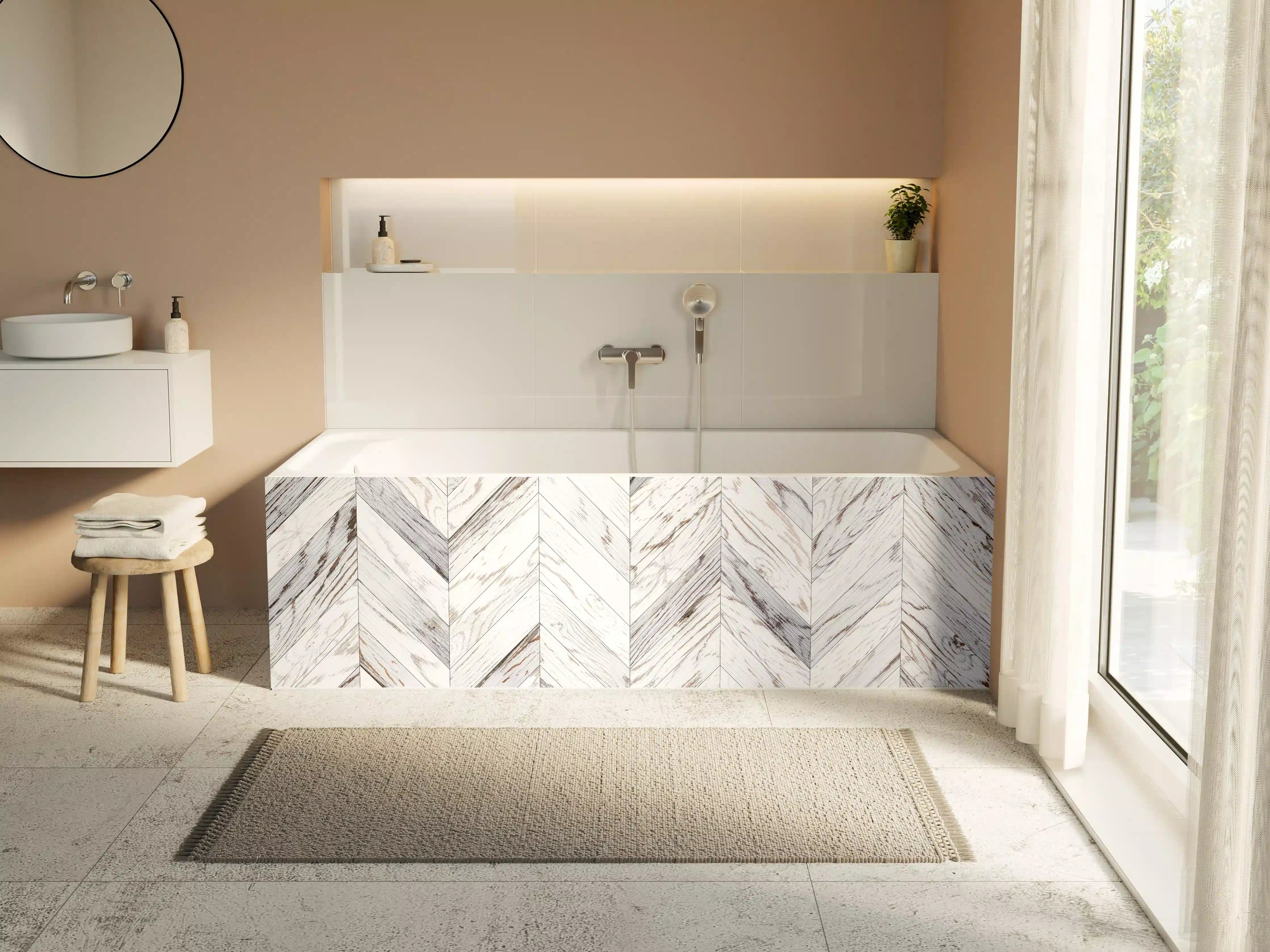 Badewannen-Rückwand - Weißer Chevron - Holzoptik