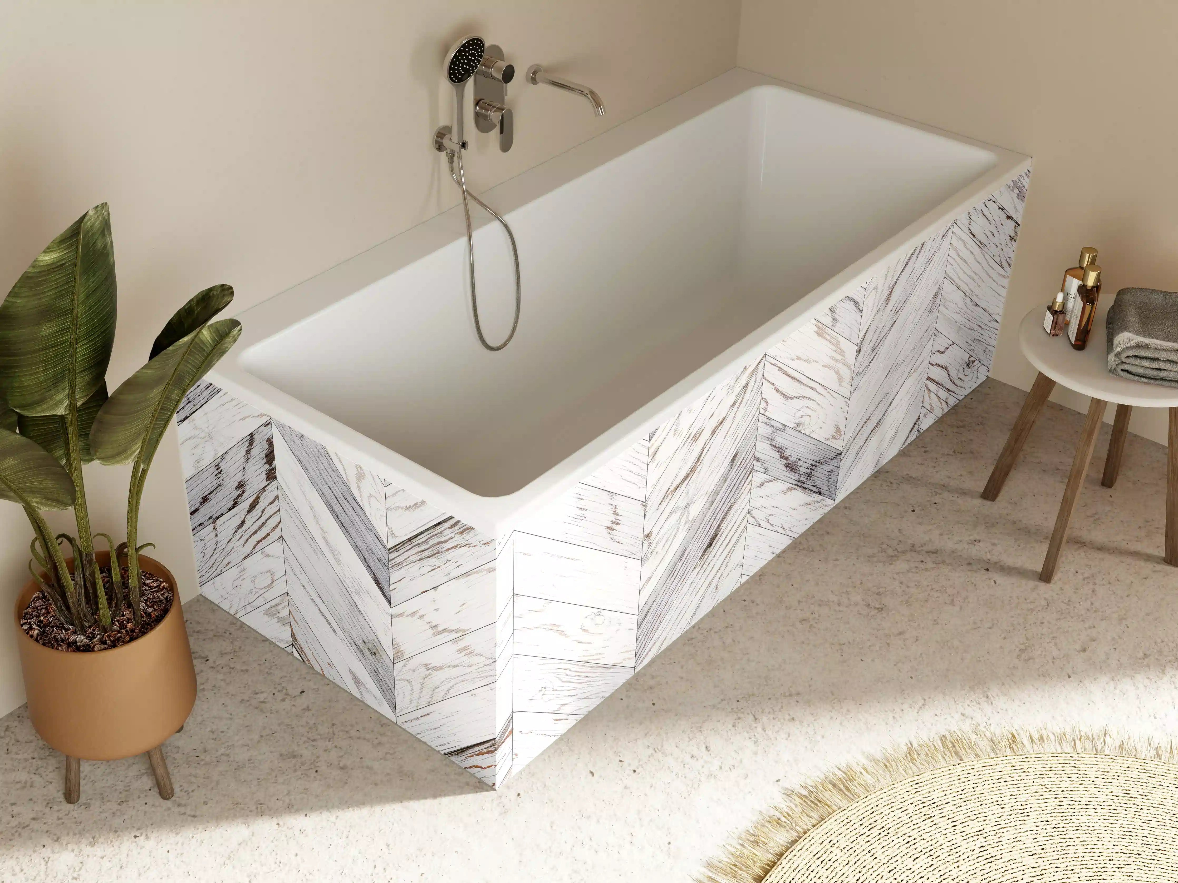 Badewannen-Rückwand - Weißer Chevron - Holzoptik