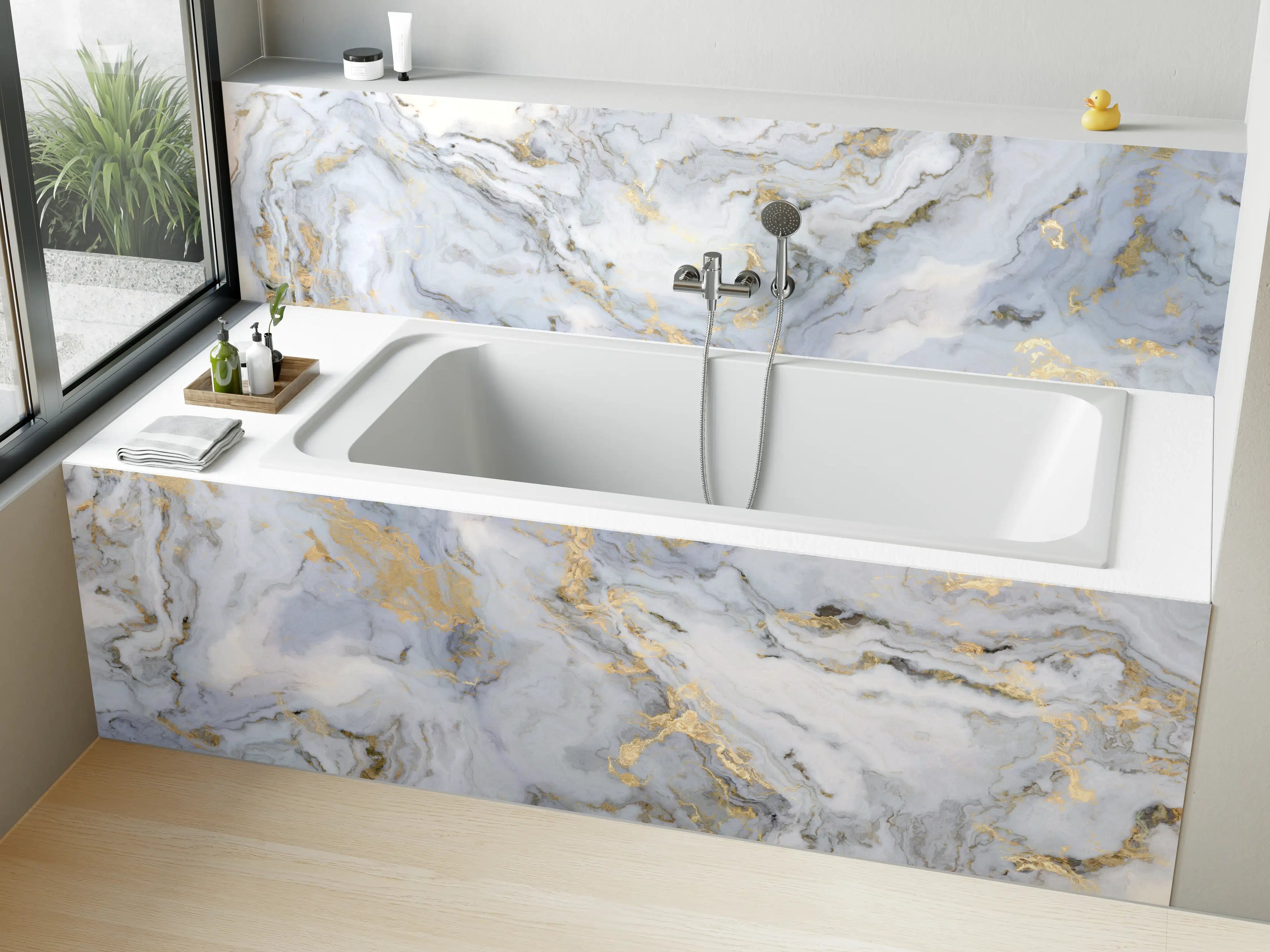 Badewannen-Rückwand - Weißer Marmor mit Goldelementen