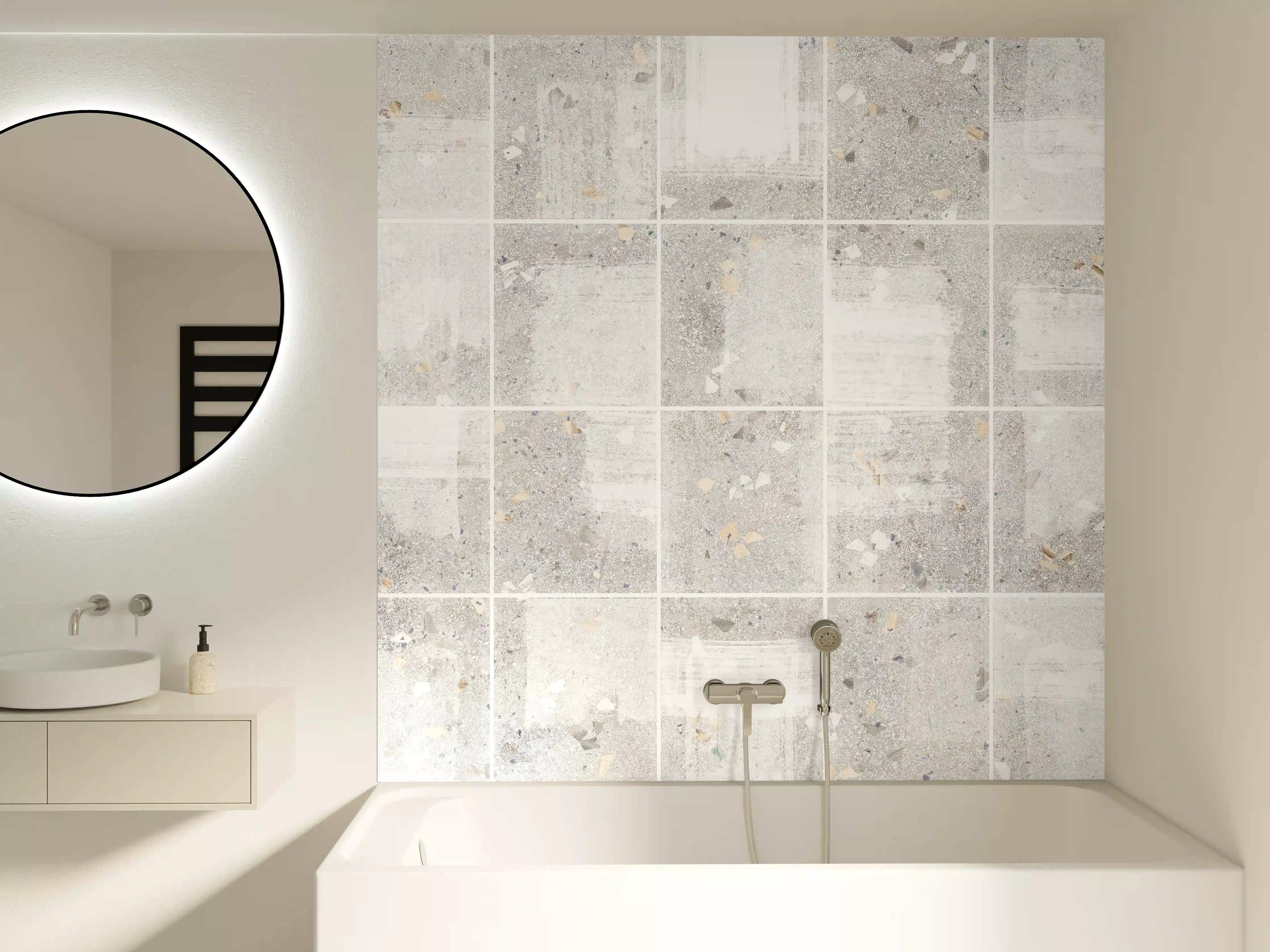 Badewannen-Rückwand - Weißes Fliesenmuster - Terrazzo Struktur