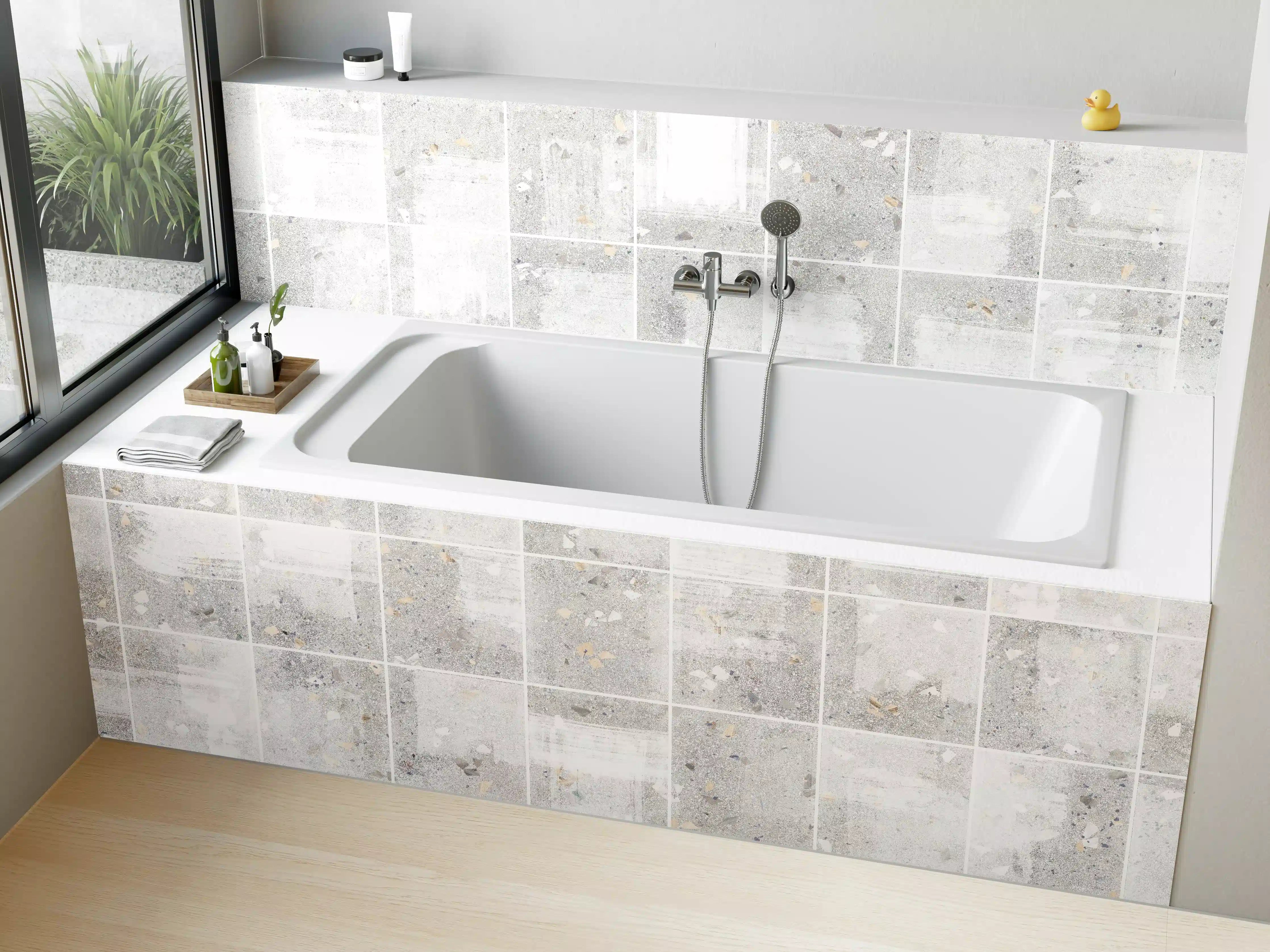 Badewannen-Rückwand - Weißes Fliesenmuster - Terrazzo Struktur