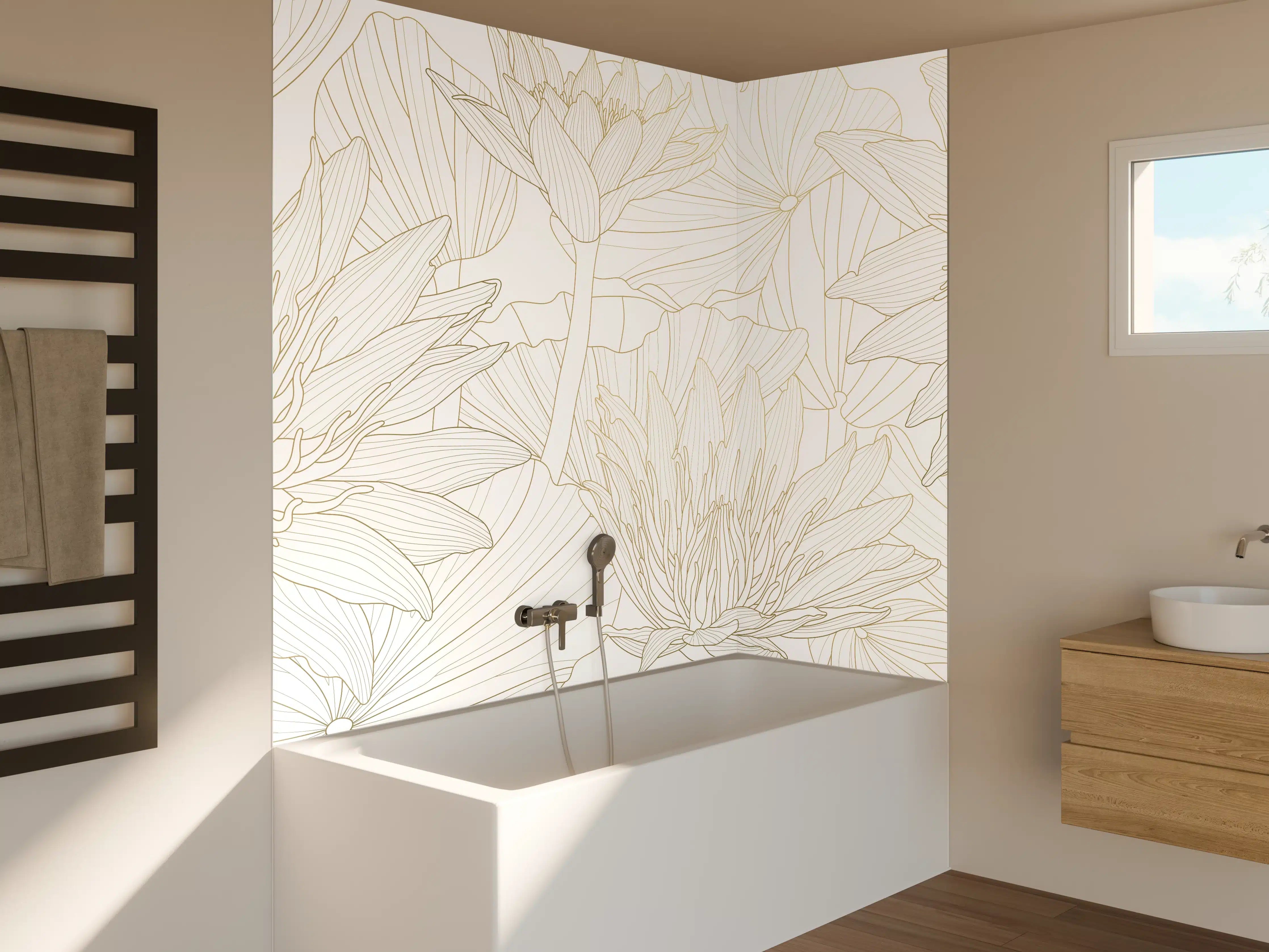 Badewannen-Rückwand - Weißes Floral-Linien Kunstwerk