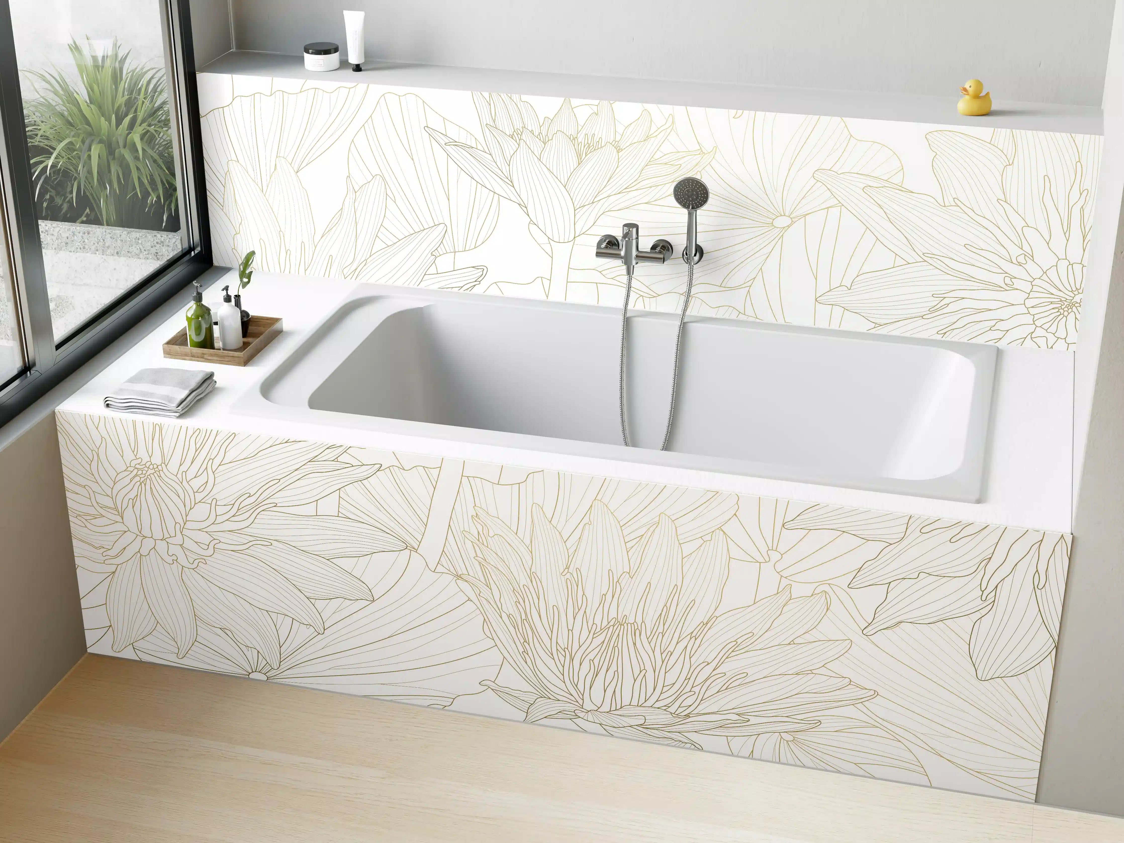 Badewannen-Rückwand - Weißes Floral-Linien Kunstwerk