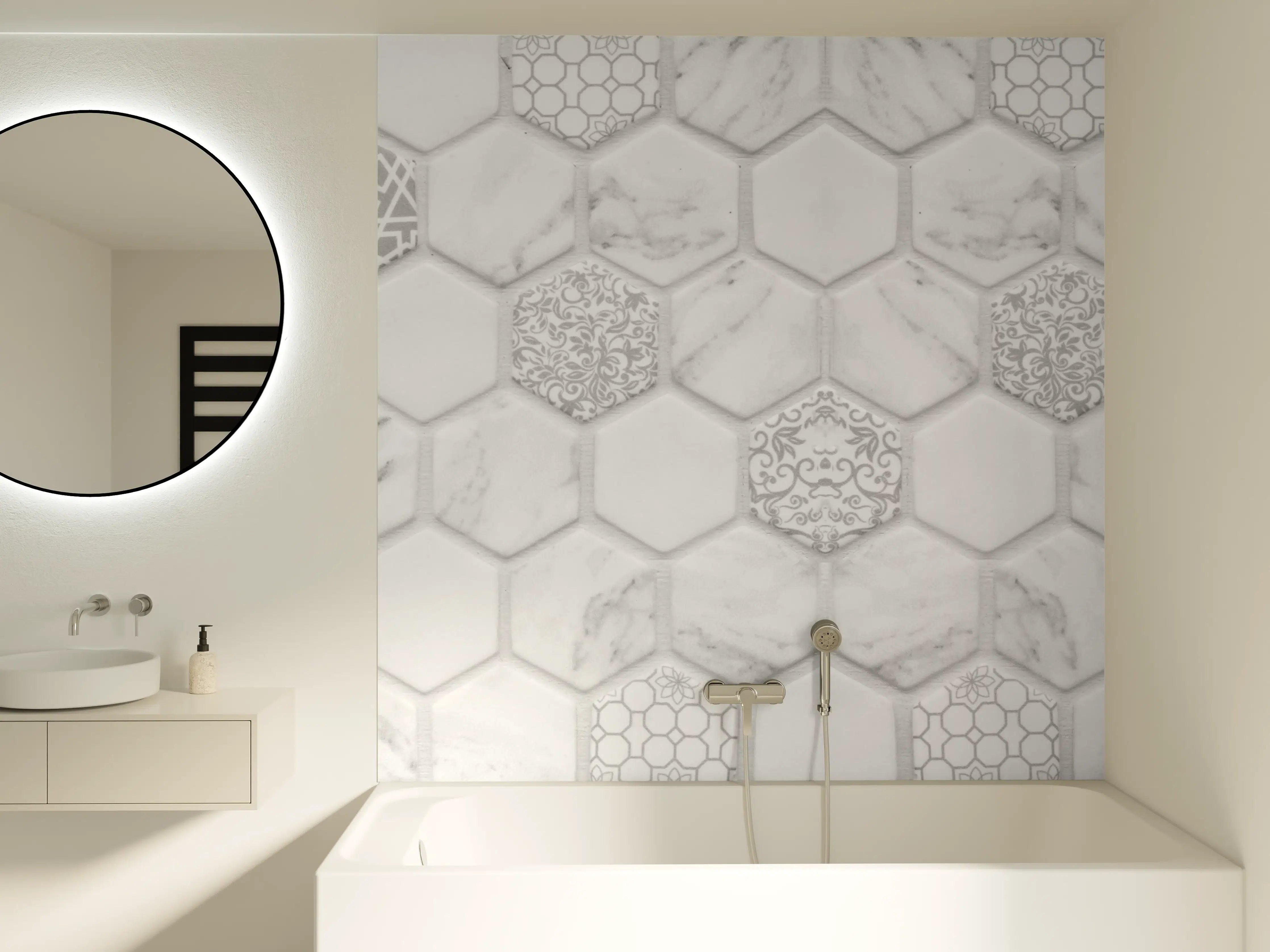 Badewannen-Rückwand - Weißes Hexagon-Marmor-Mosaik