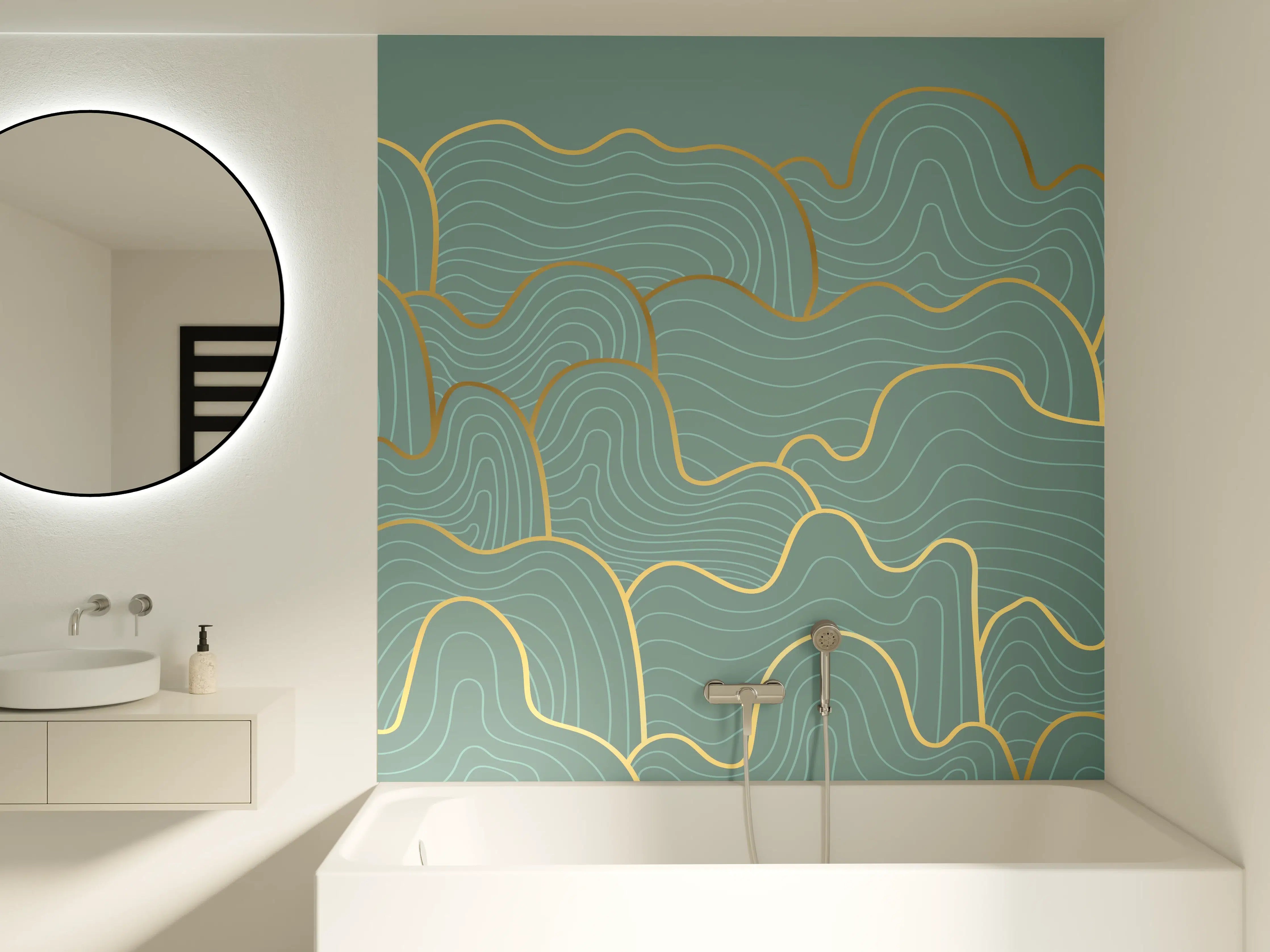 Badewannen-Rückwand - Wellenmuster Blau-Gold
