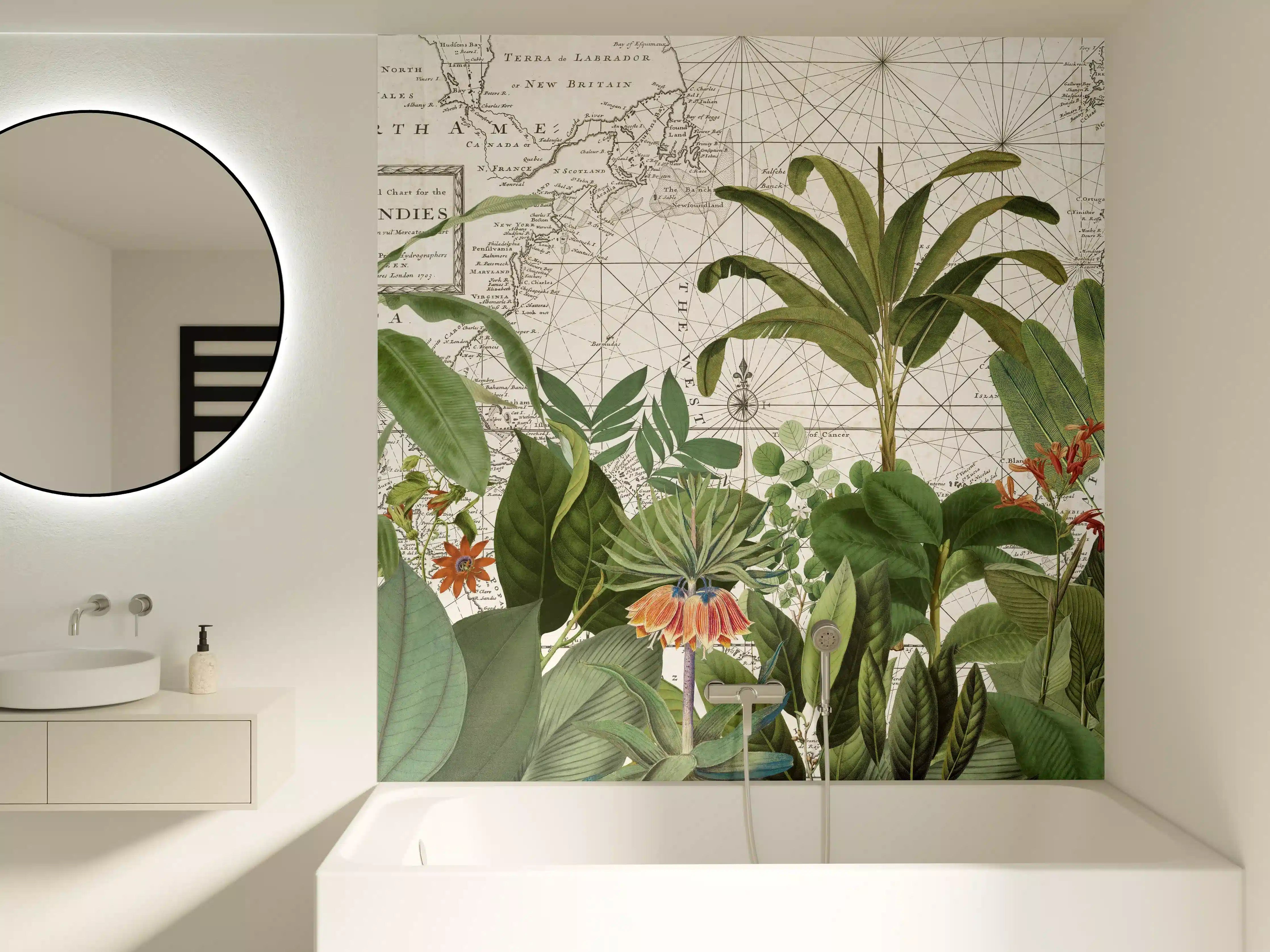 Badewannen-Rückwand - Weltkarte mit exotischen Pflanzen