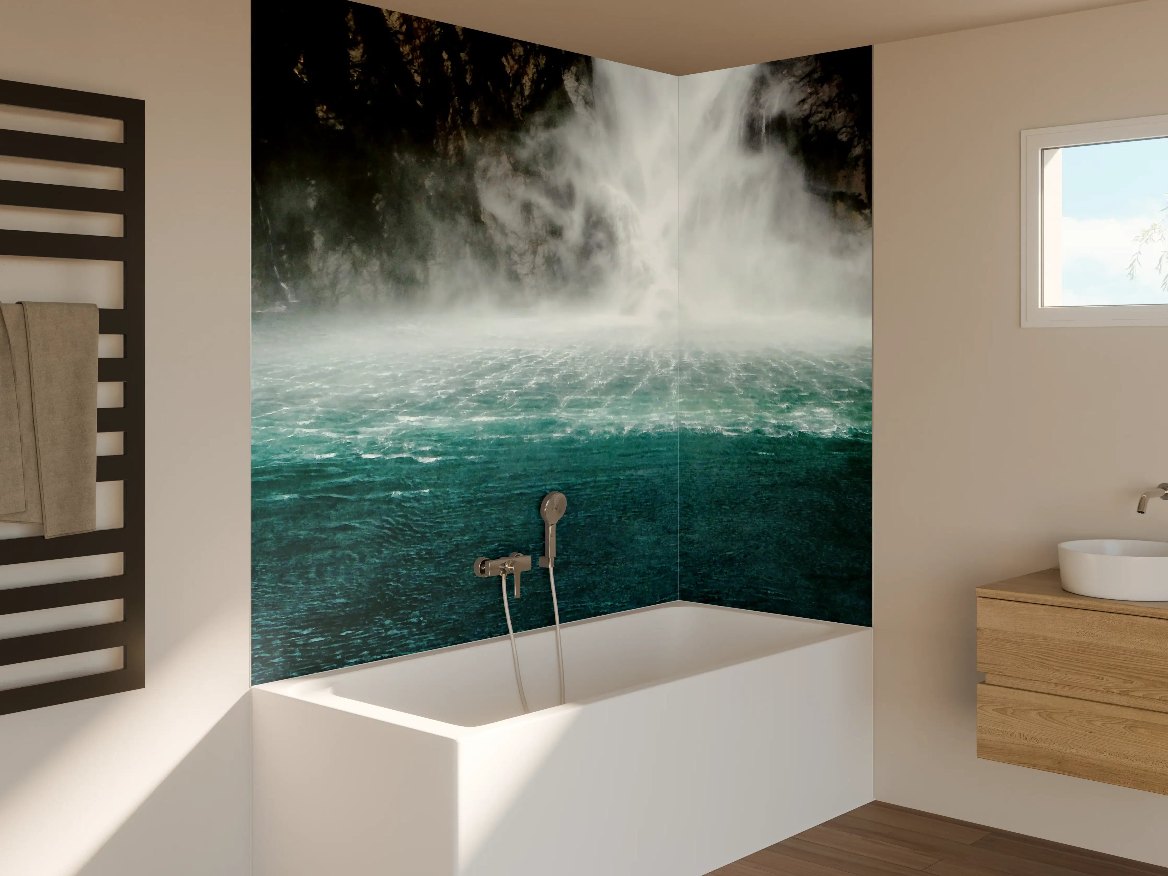 Badewannen-Rückwand - Whirlpool unter Wasserfall mit Naturkulisse