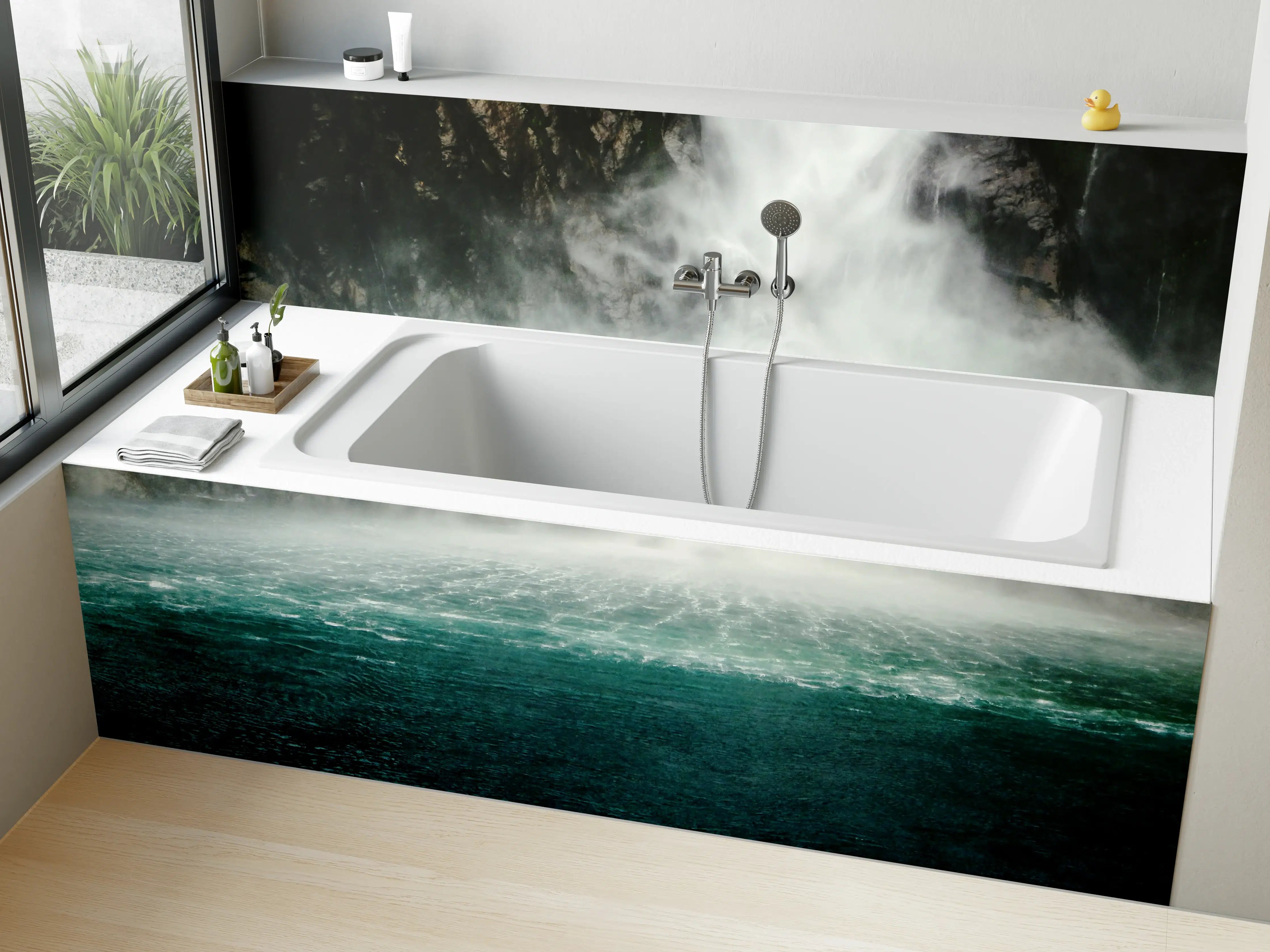 Badewannen-Rückwand - Whirlpool unter Wasserfall mit Naturkulisse