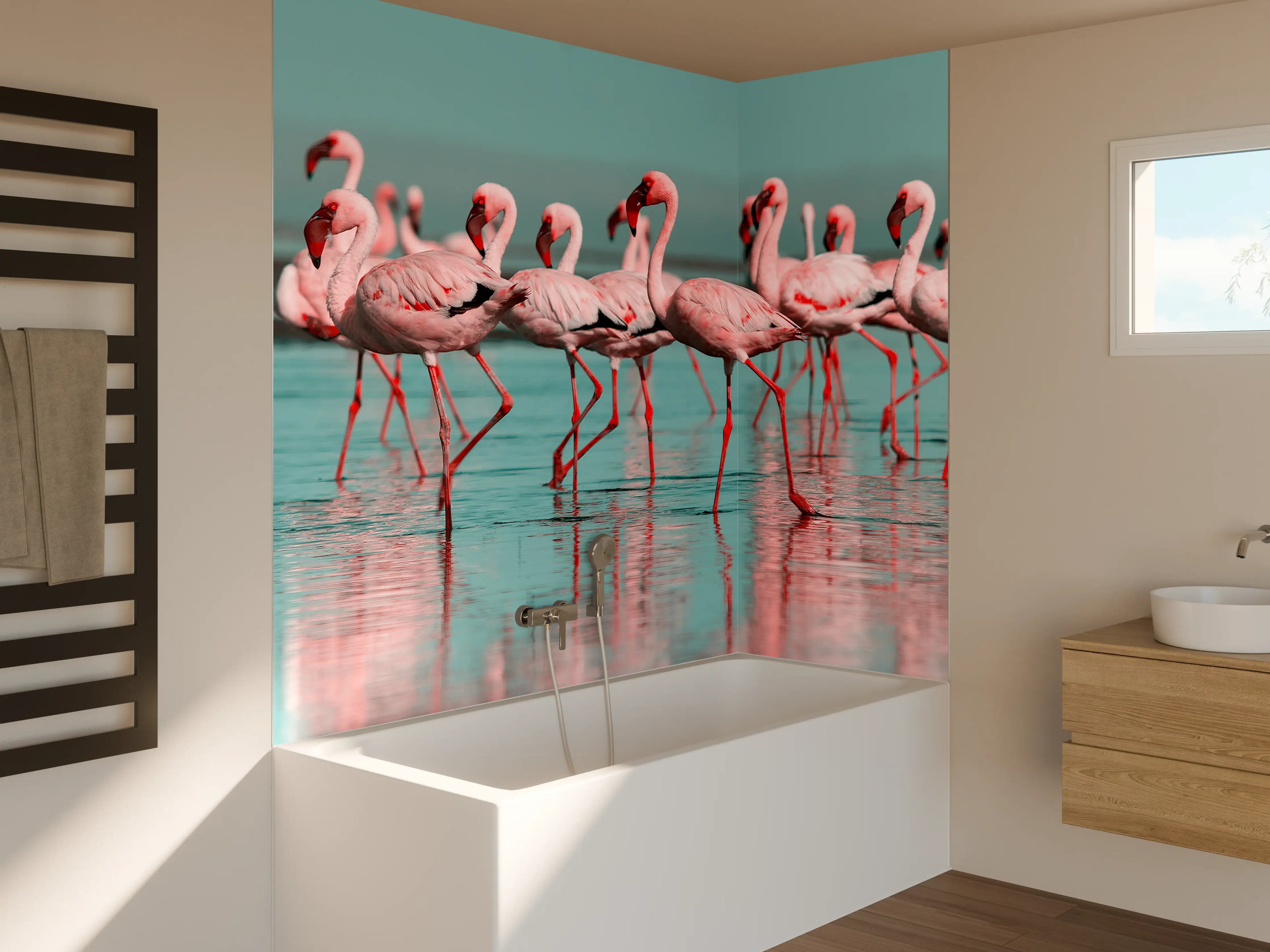 Badewannen-Rückwand - Wilde Flamingo auf dem Wasser