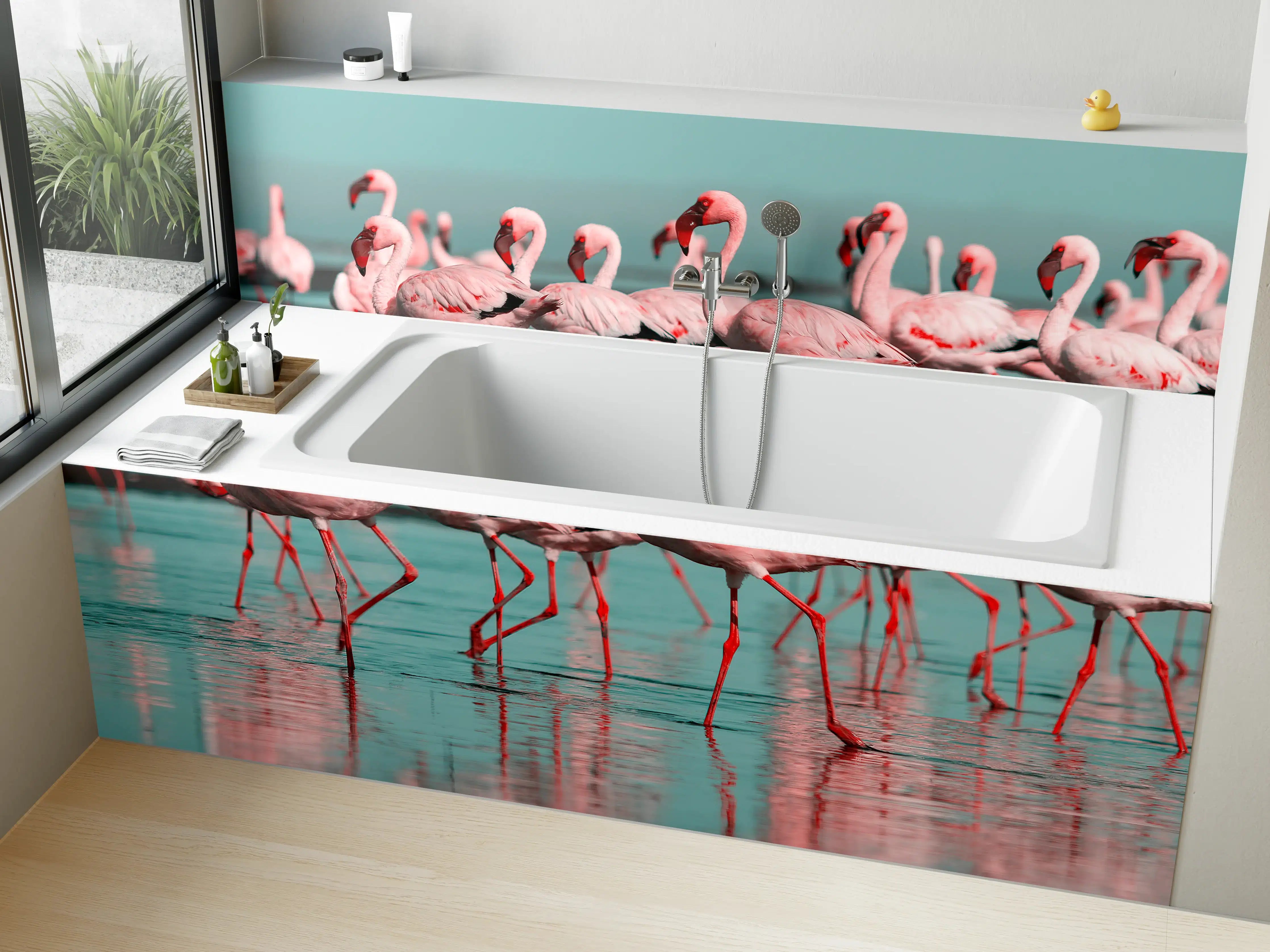 Badewannen-Rückwand - Wilde Flamingo auf dem Wasser