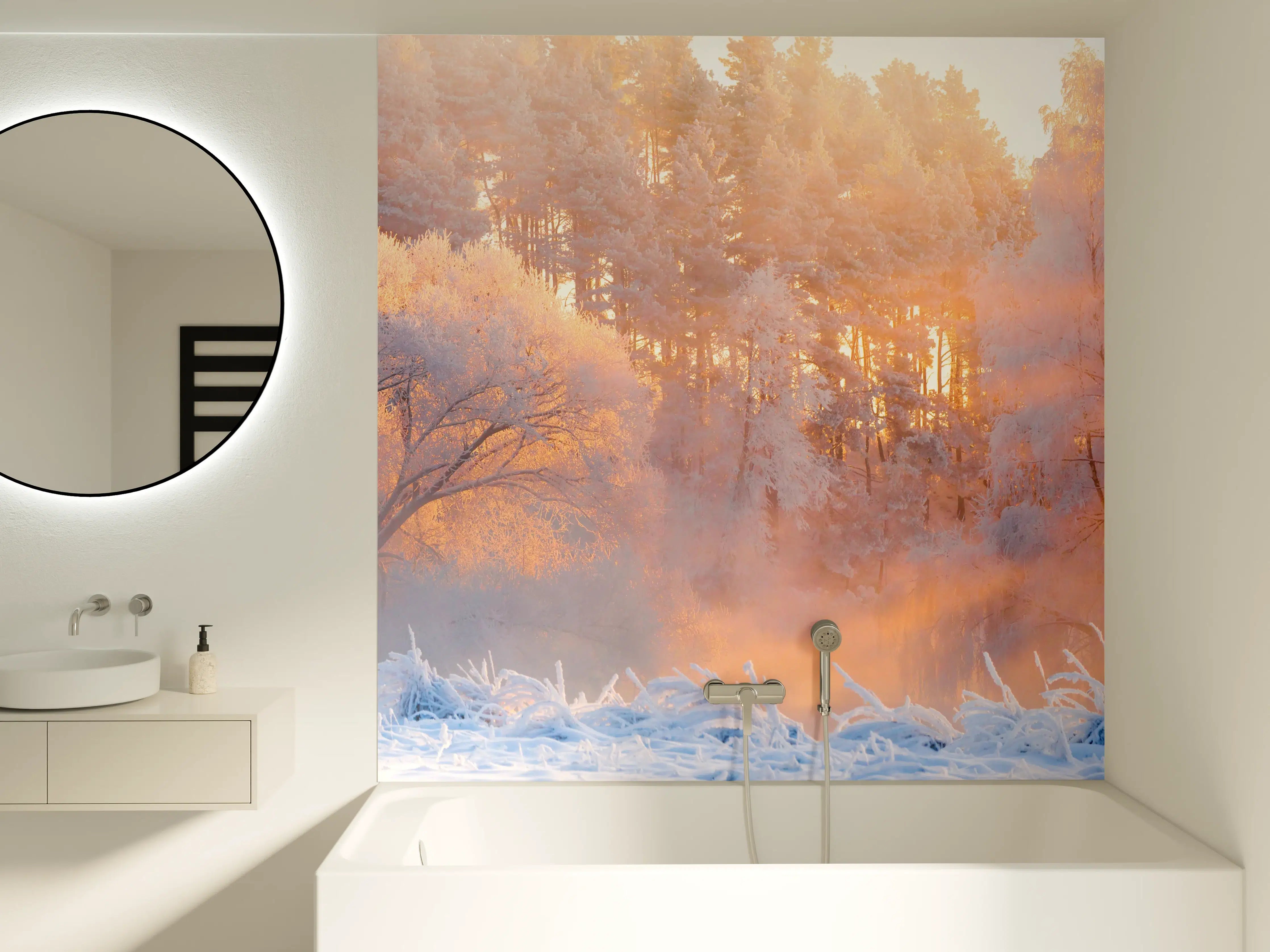 Badewannen-Rückwand - Winterliche Waldszene in Morgenstimmung