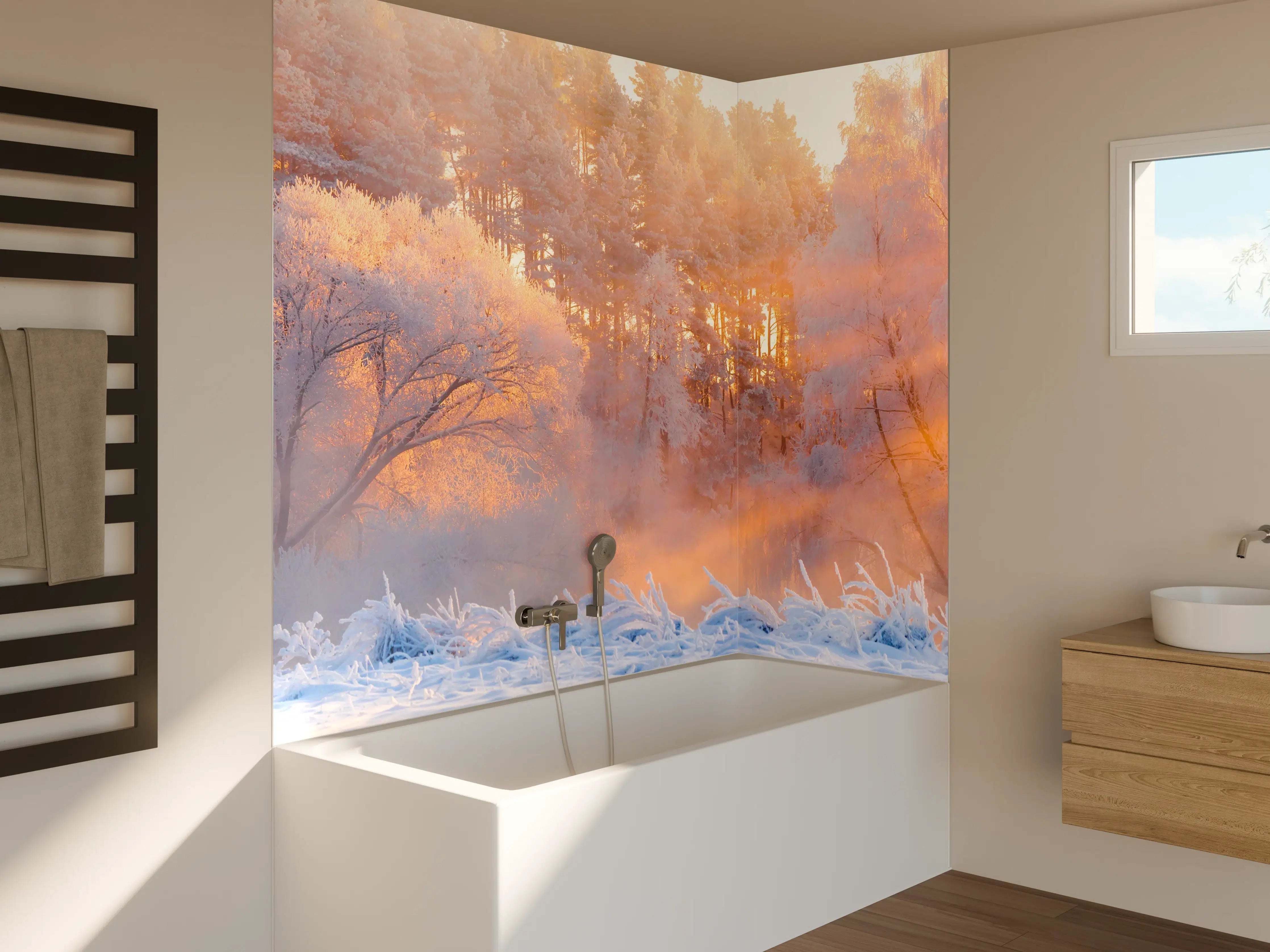 Badewannen-Rückwand - Winterliche Waldszene in Morgenstimmung