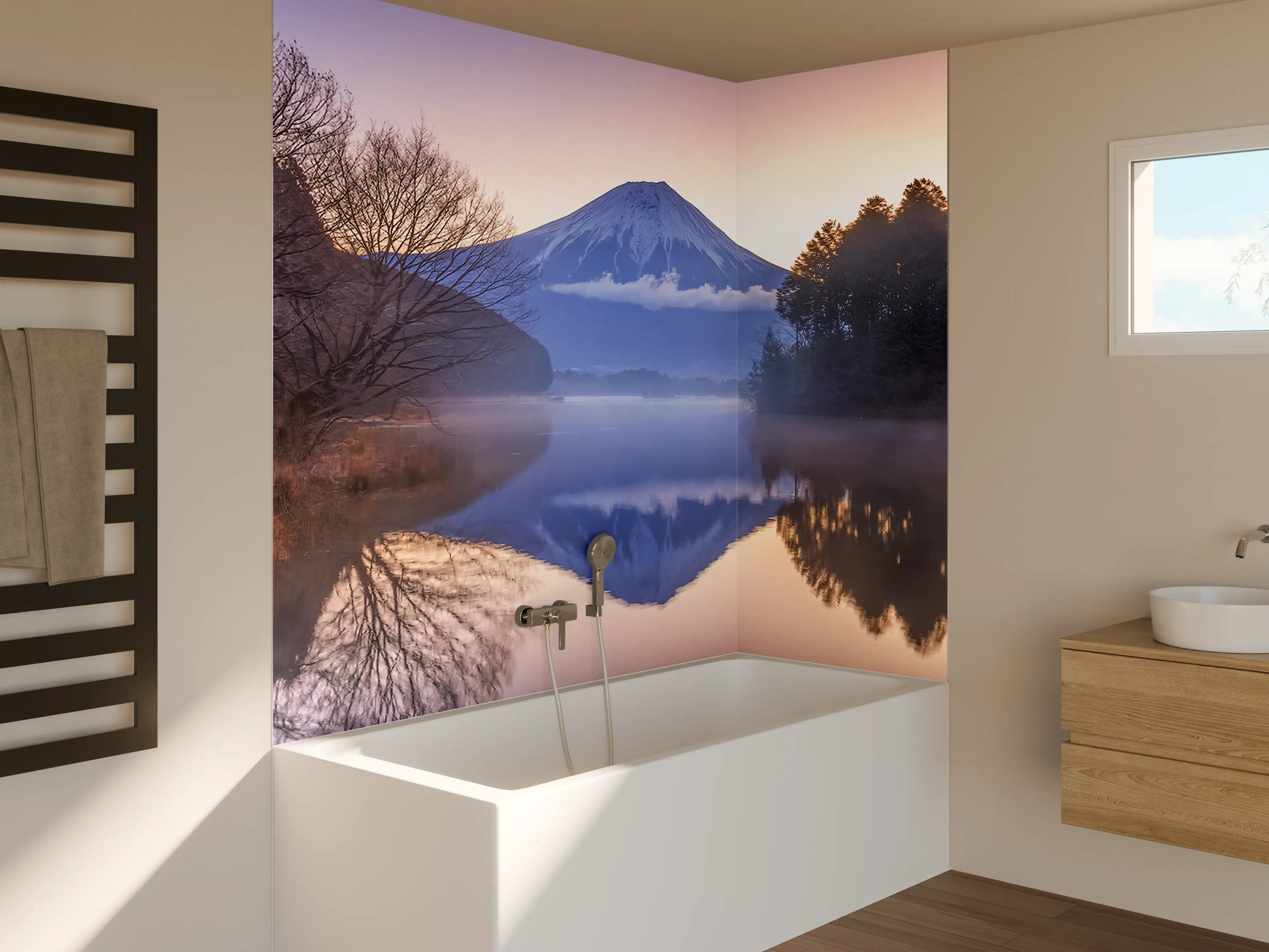 Badewannen-Rückwand - Winterlicher Fuji-Spiegelung