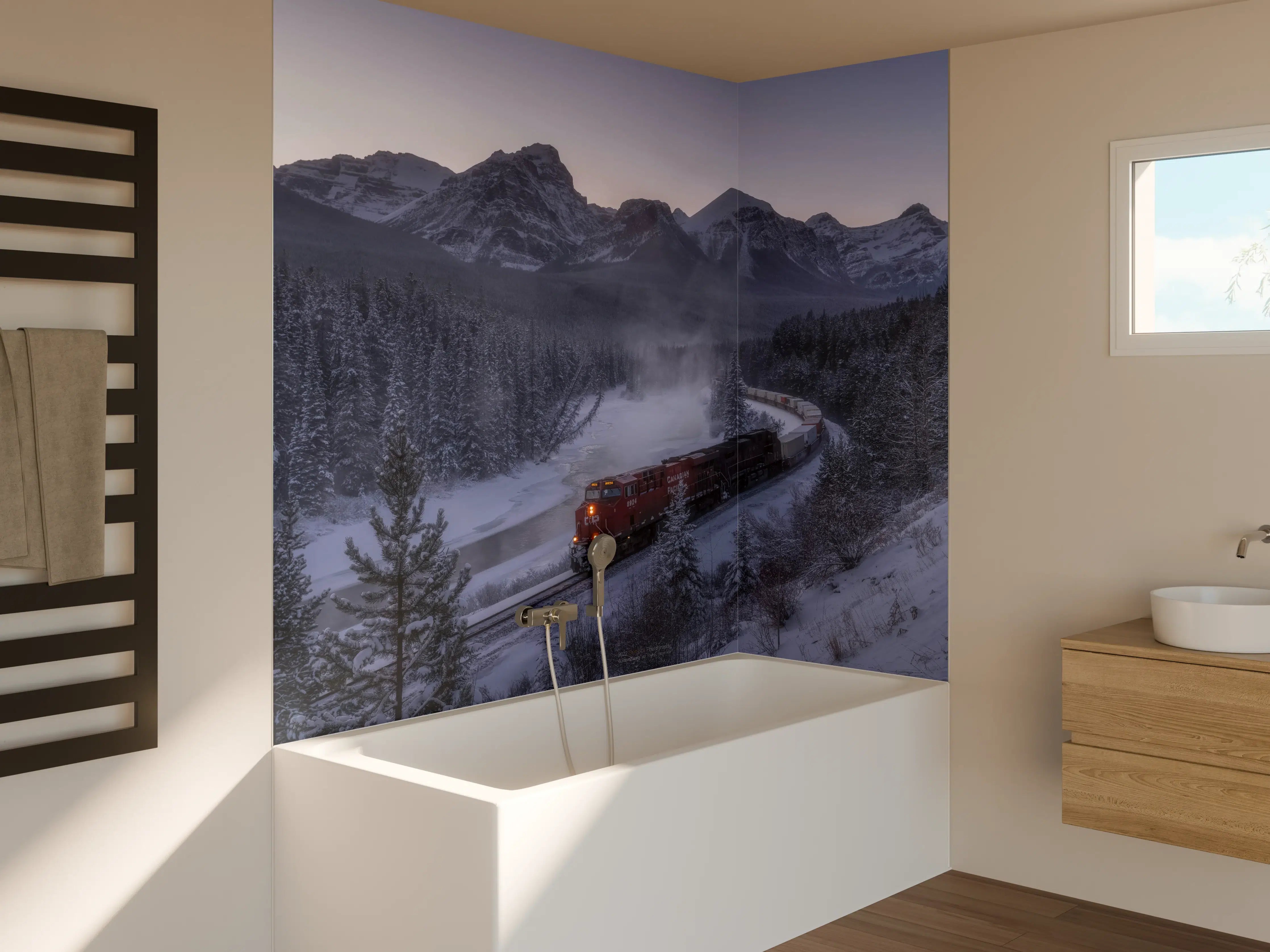 Badewannen-Rückwand - Winterzug in Bergkulisse