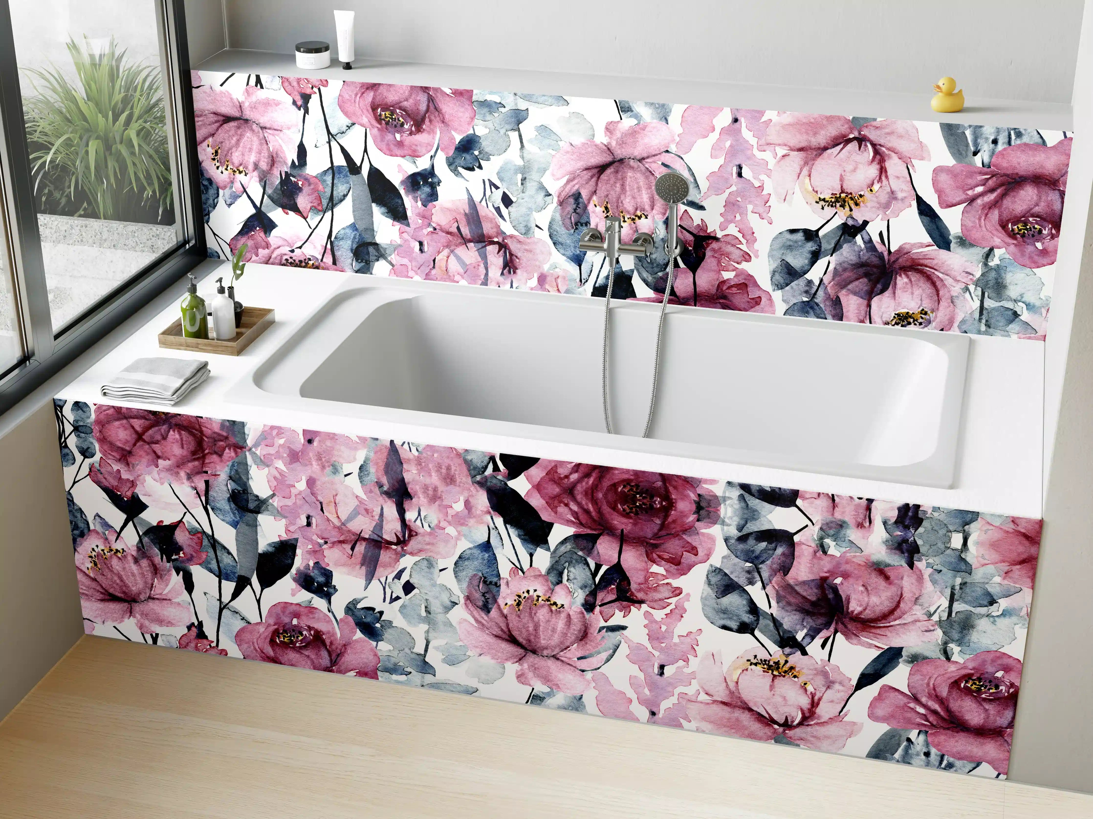 Badewannen-Rückwand - Wunderschöne pinke Hydrangeas und Rosen