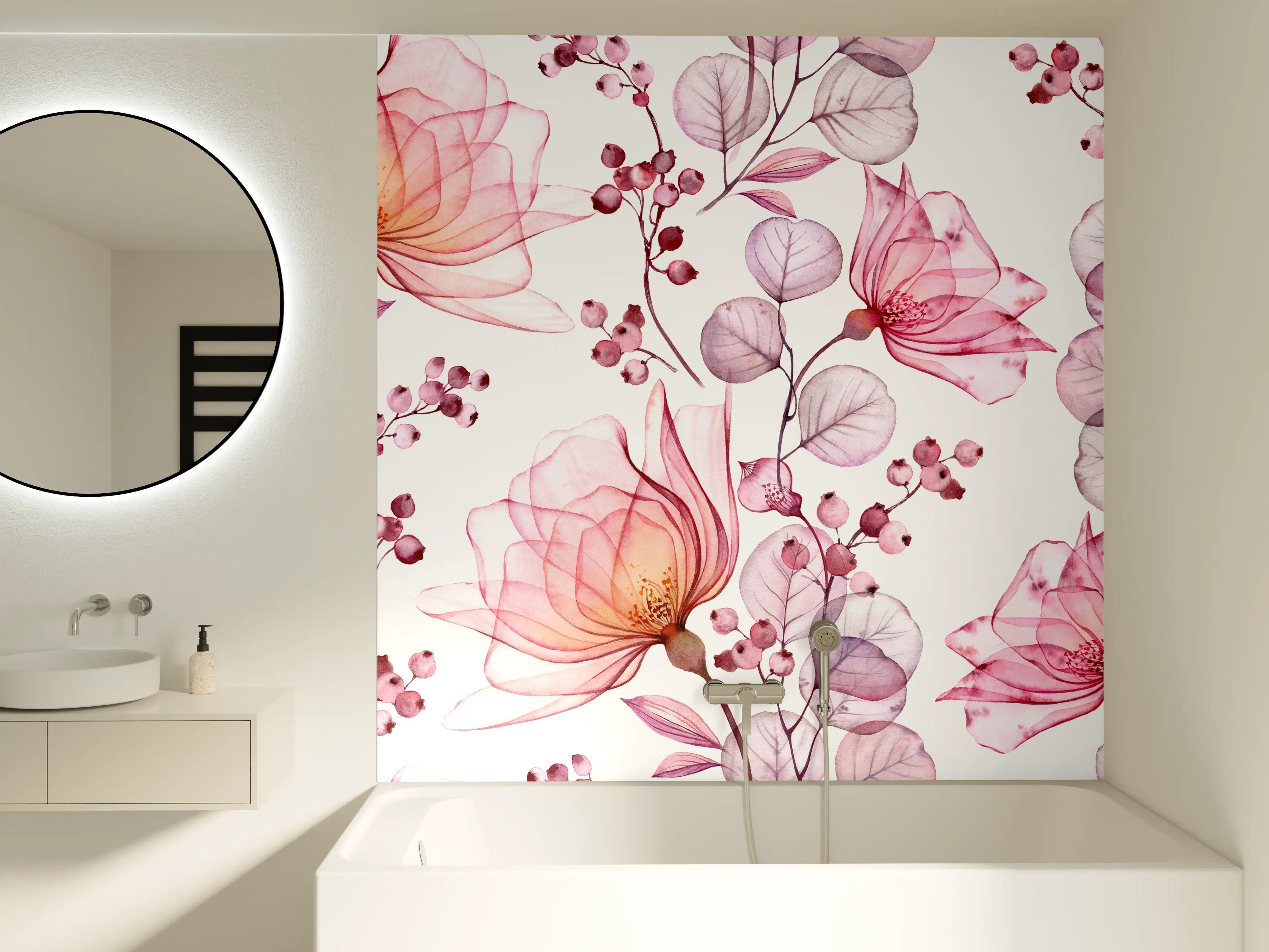 Badewannen-Rückwand - Zarte Blumen mit Pink- und Lilatönen