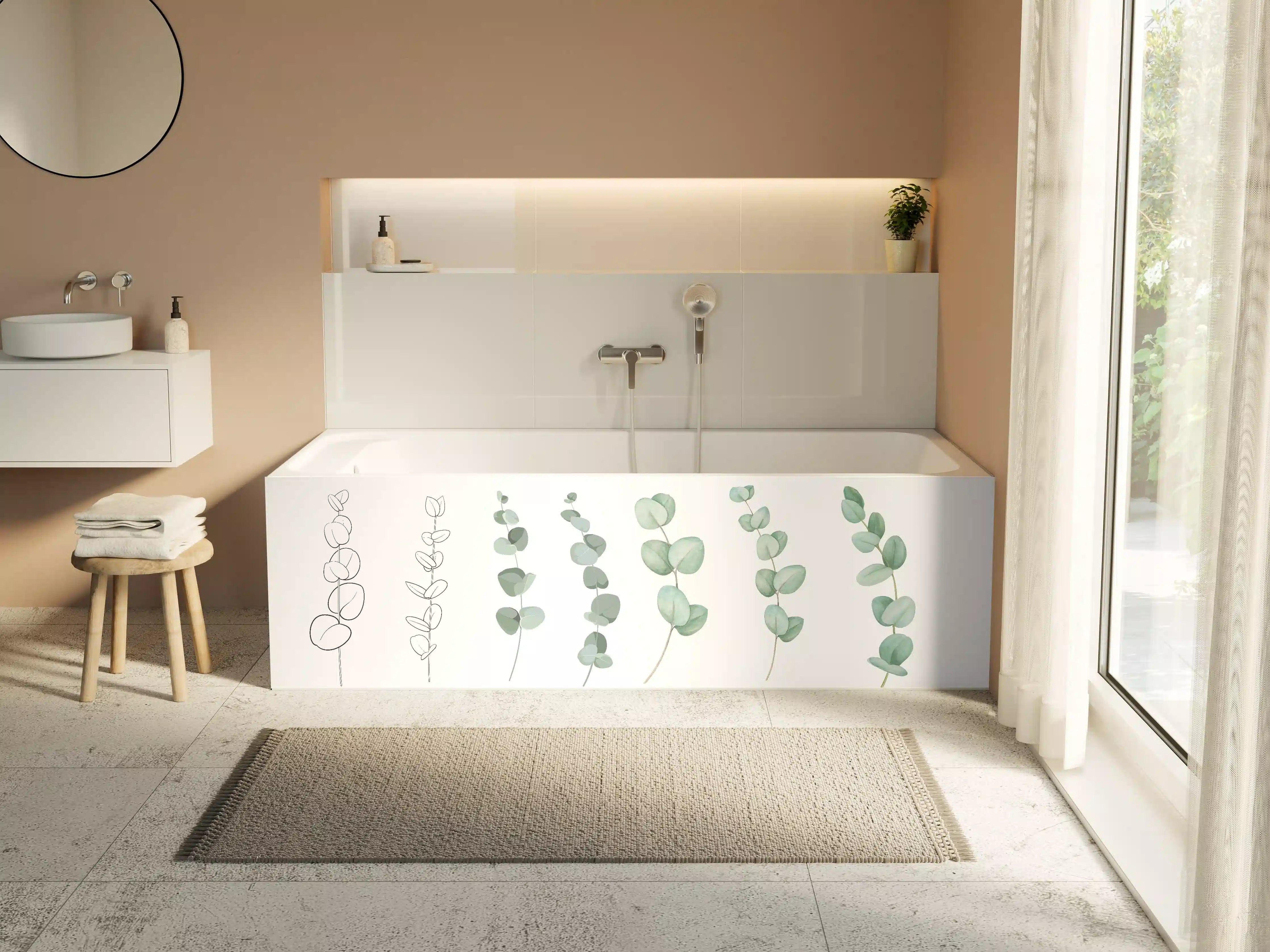 Badewannen-Rückwand - Zarte Eukalyptus Aquarell-Motive