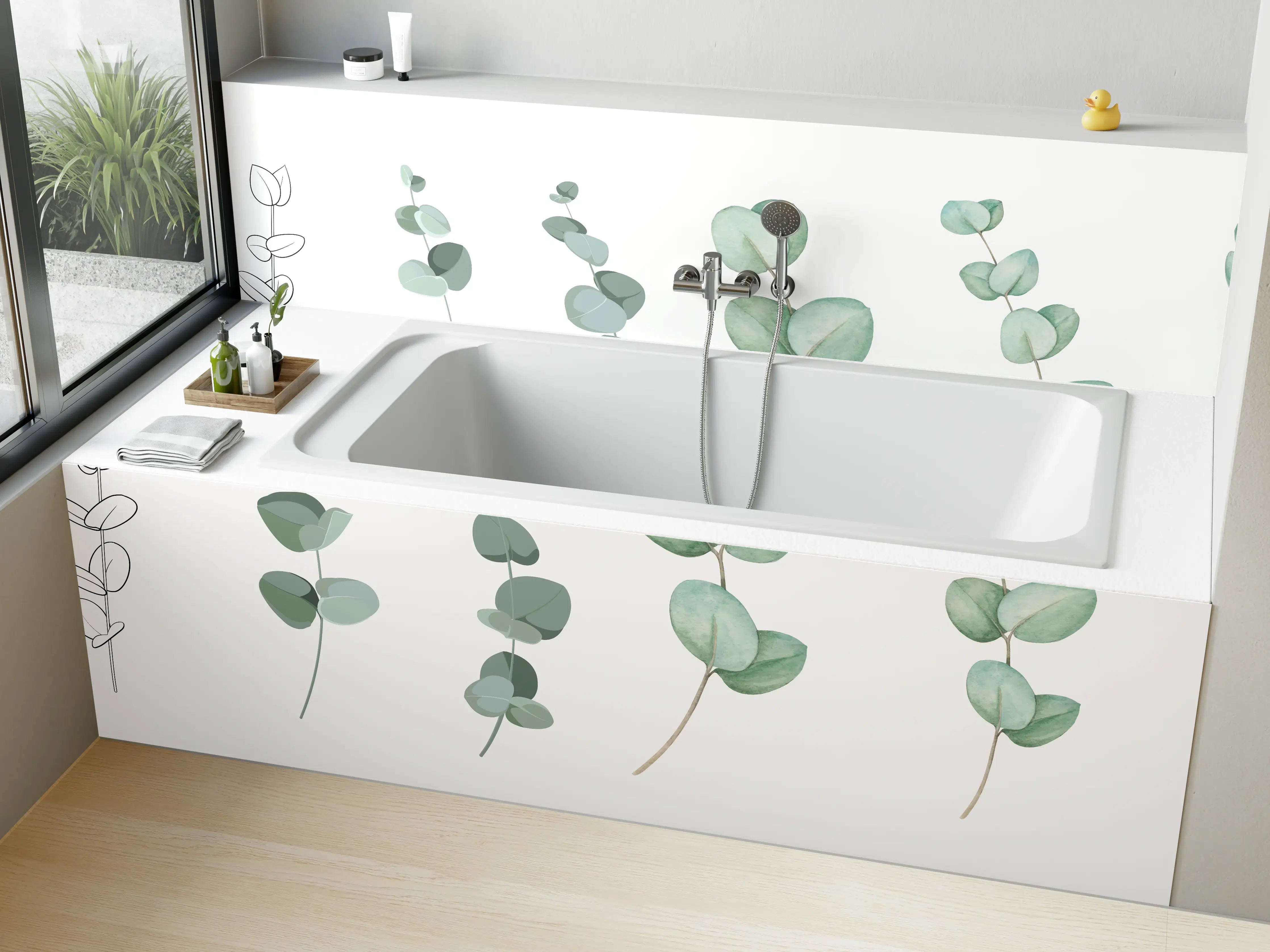Badewannen-Rückwand - Zarte Eukalyptus Aquarell-Motive