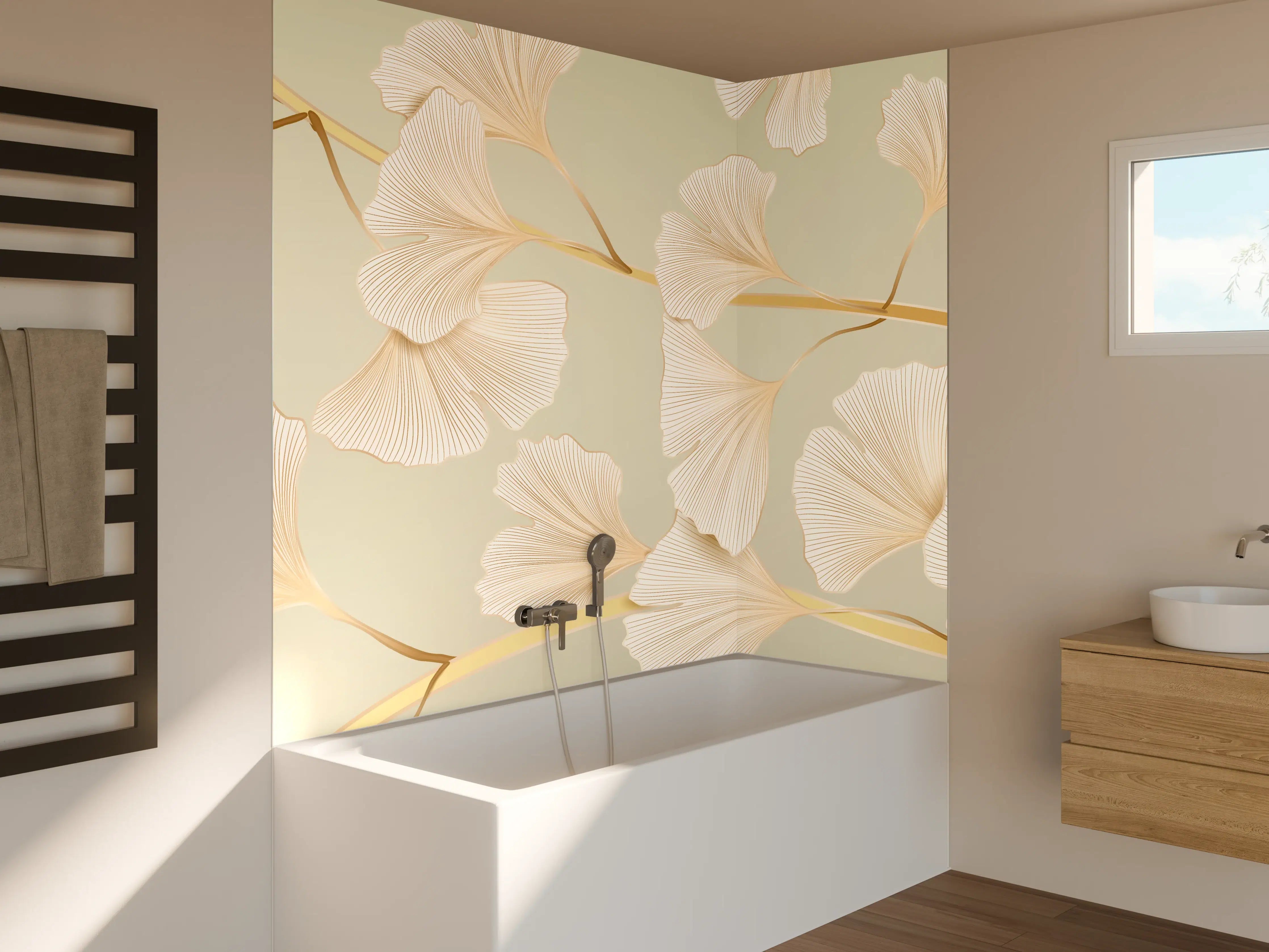 Badewannen-Rückwand - Zarte Ginkgo-Blatt-Muster