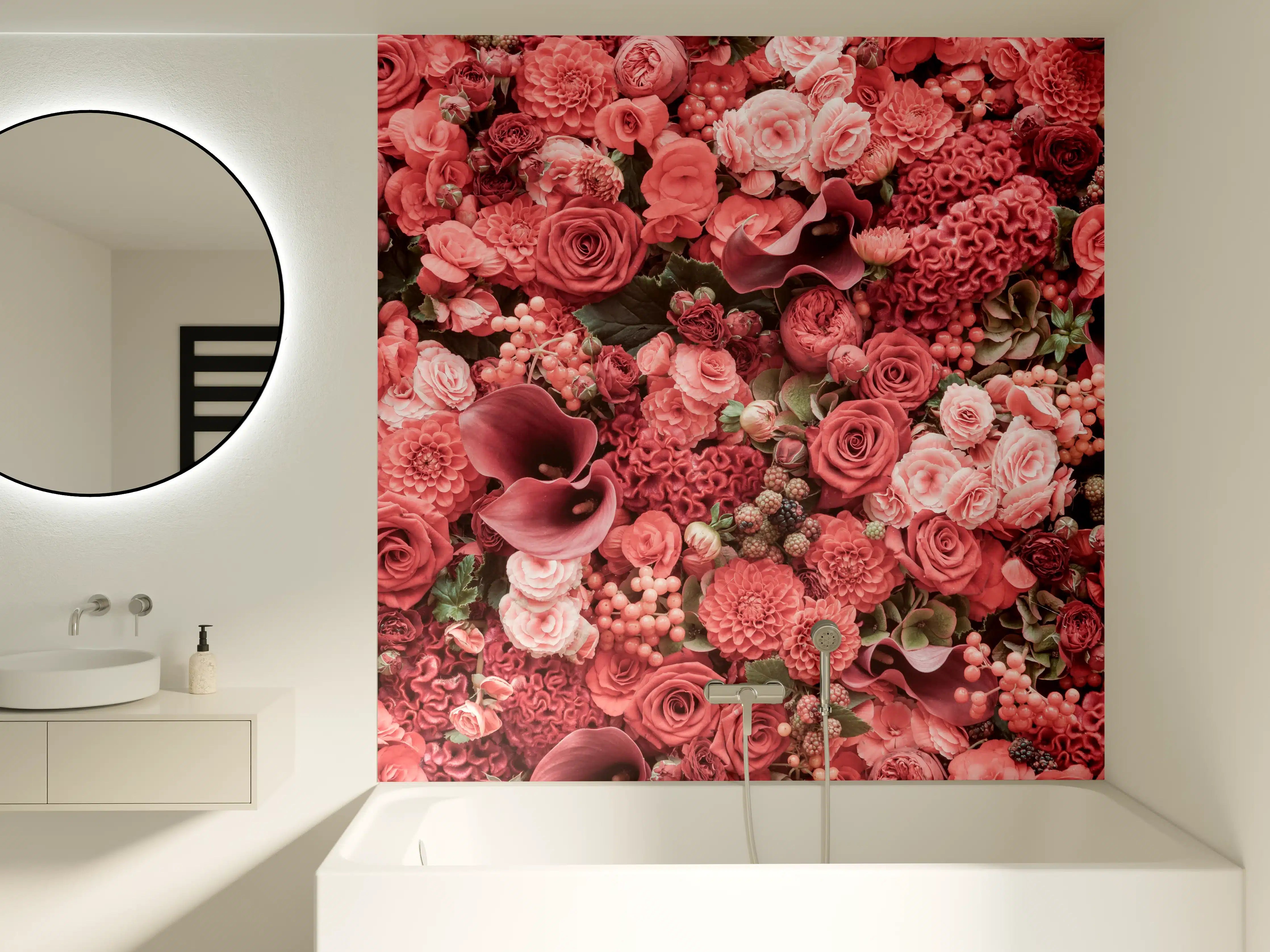 Badewannen-Rückwand - Zarte Grautöne in Pinkblüten