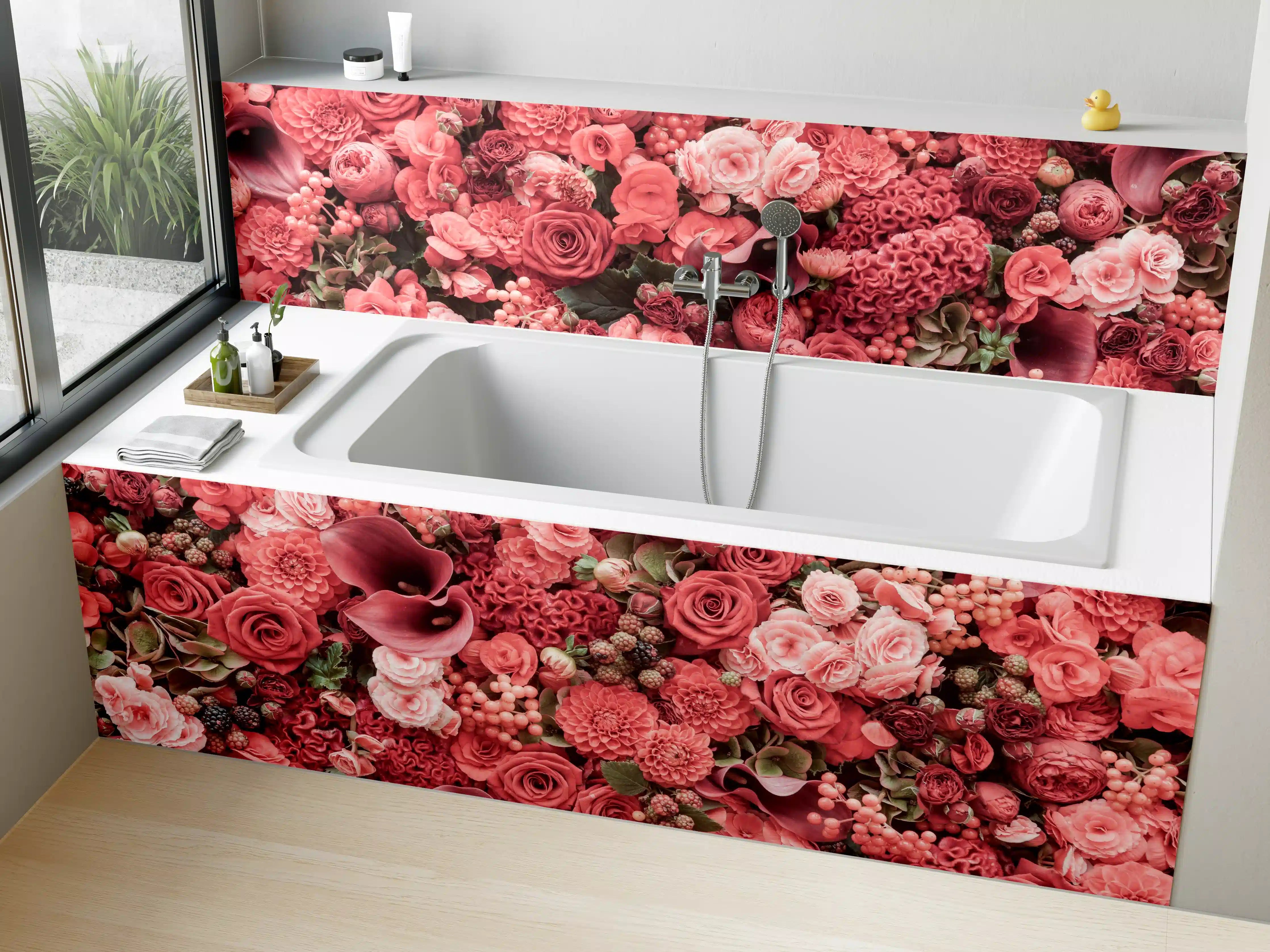 Badewannen-Rückwand - Zarte Grautöne in Pinkblüten