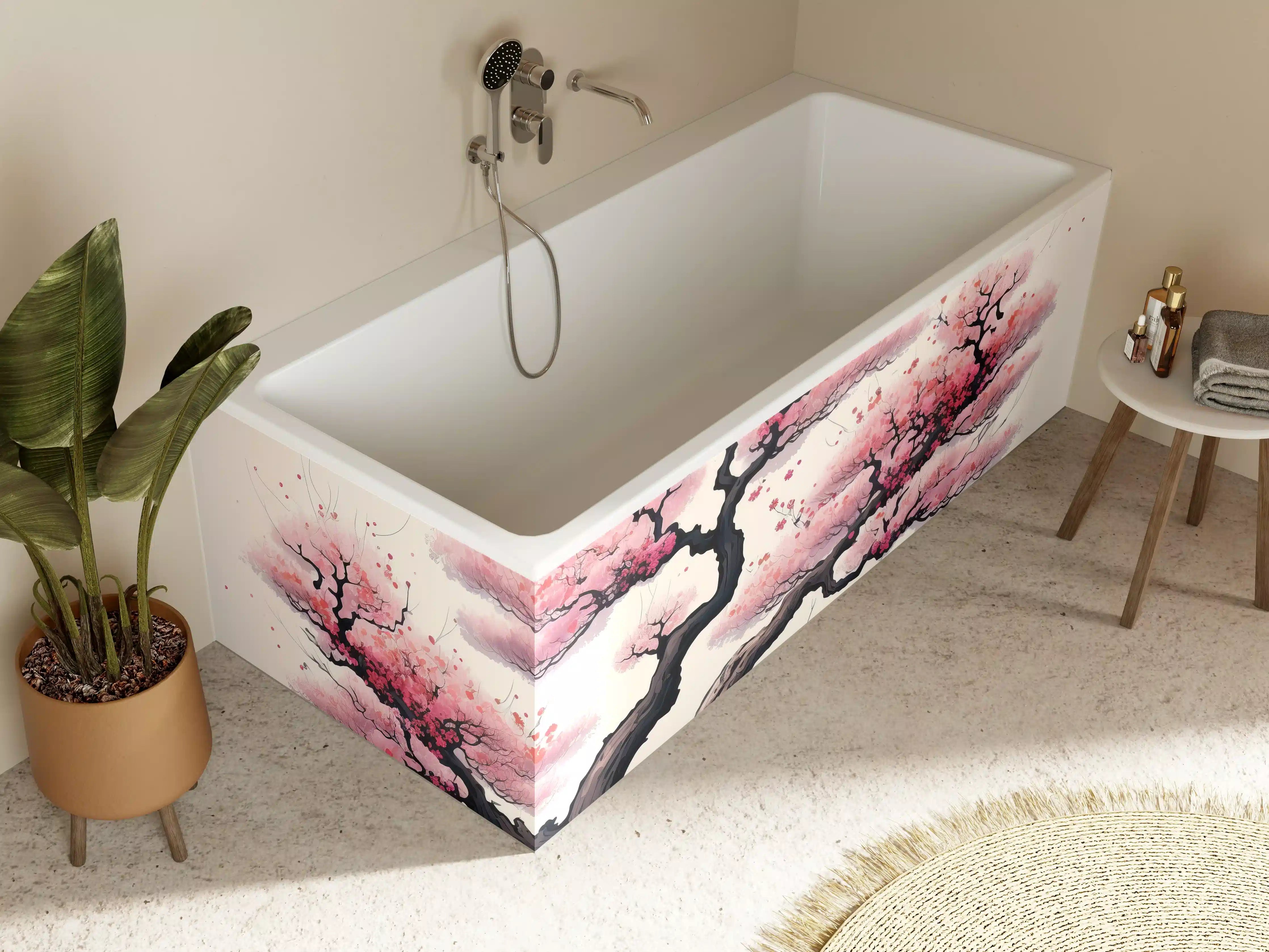 Badewannen-Rückwand - Zarte Kirschblüten in Grauweiß: Aquarellmalerei