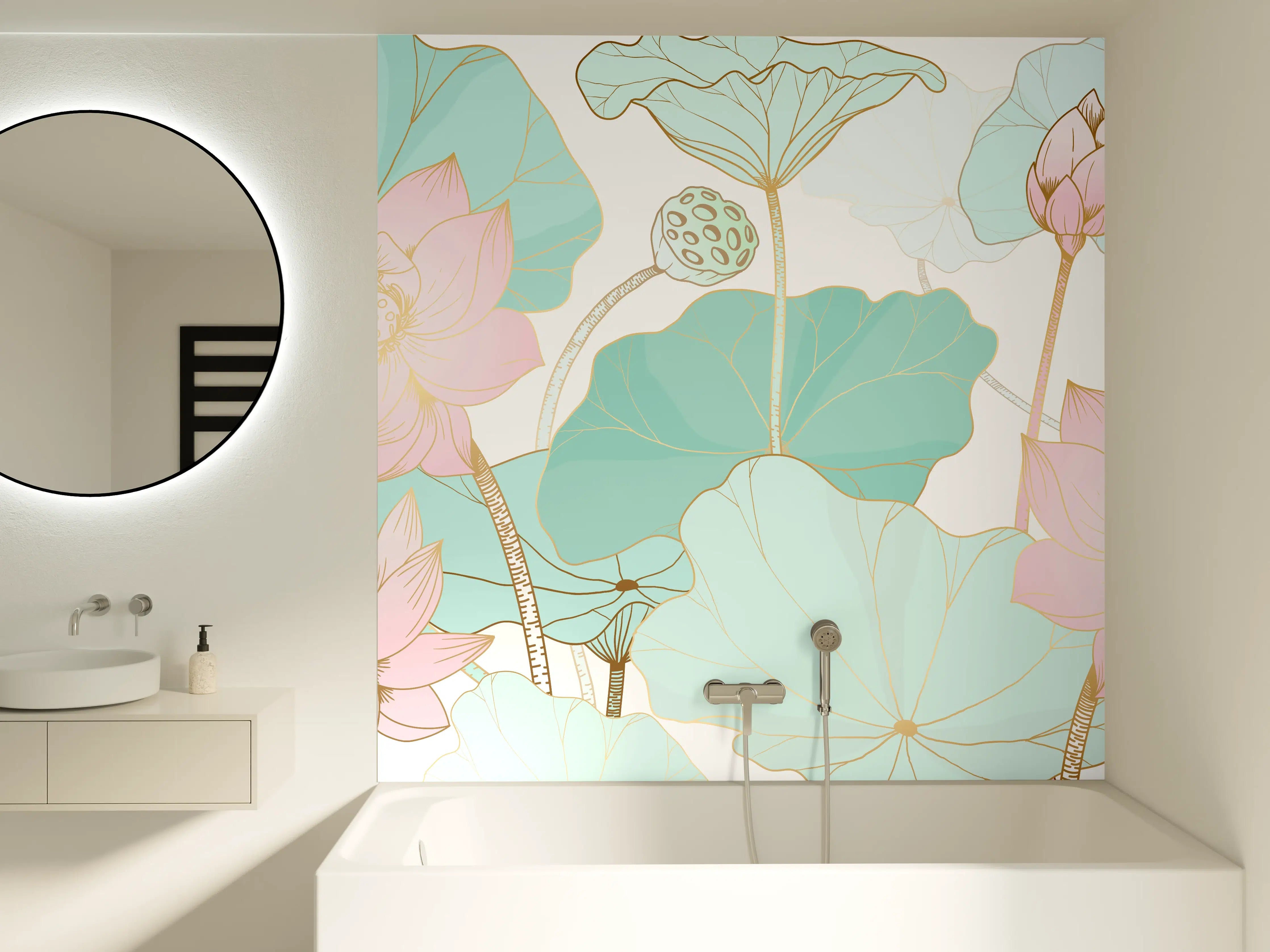 Badewannen-Rückwand - Zarte Lotusblüten Pastellfarben