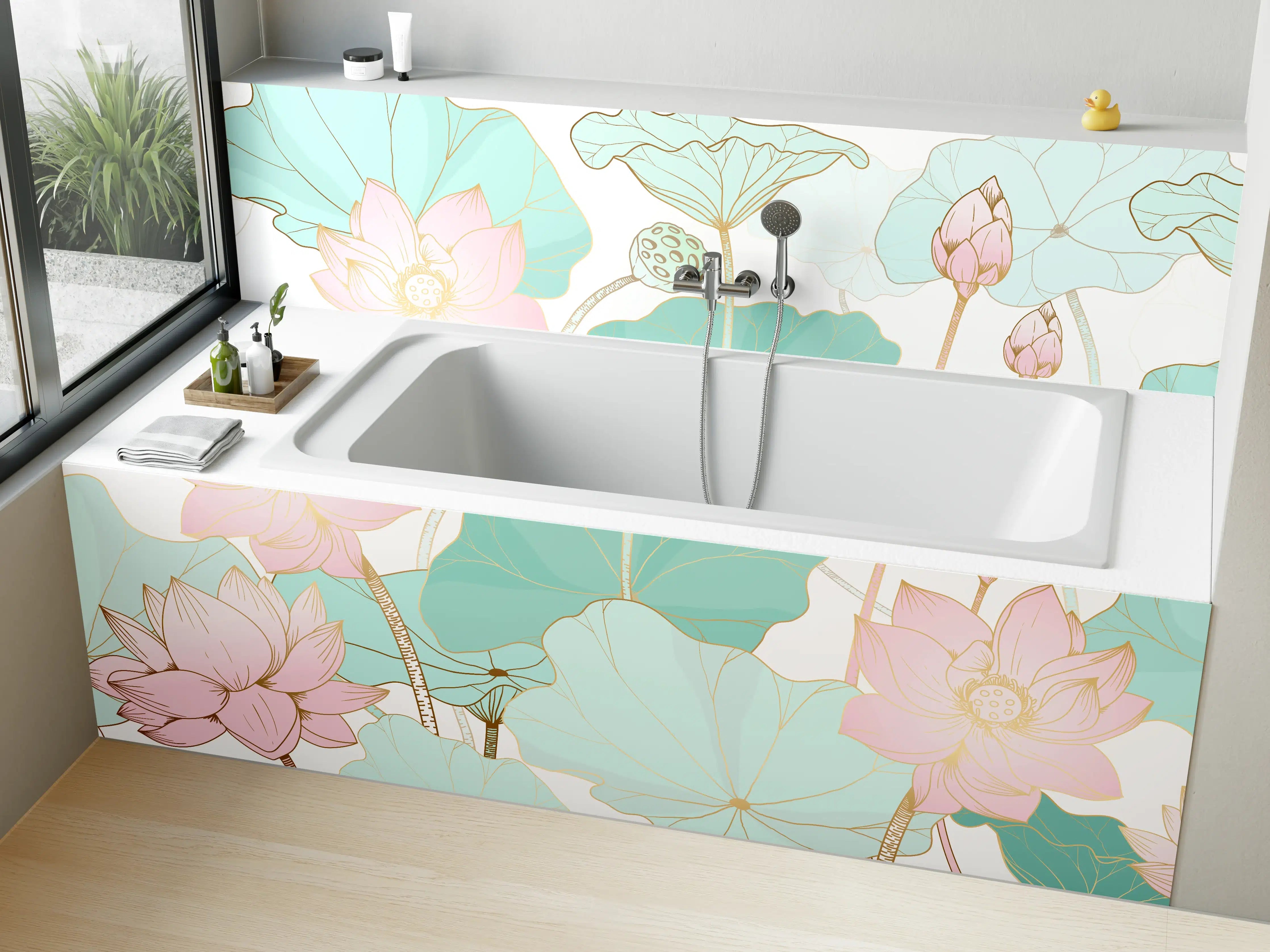 Badewannen-Rückwand - Zarte Lotusblüten Pastellfarben