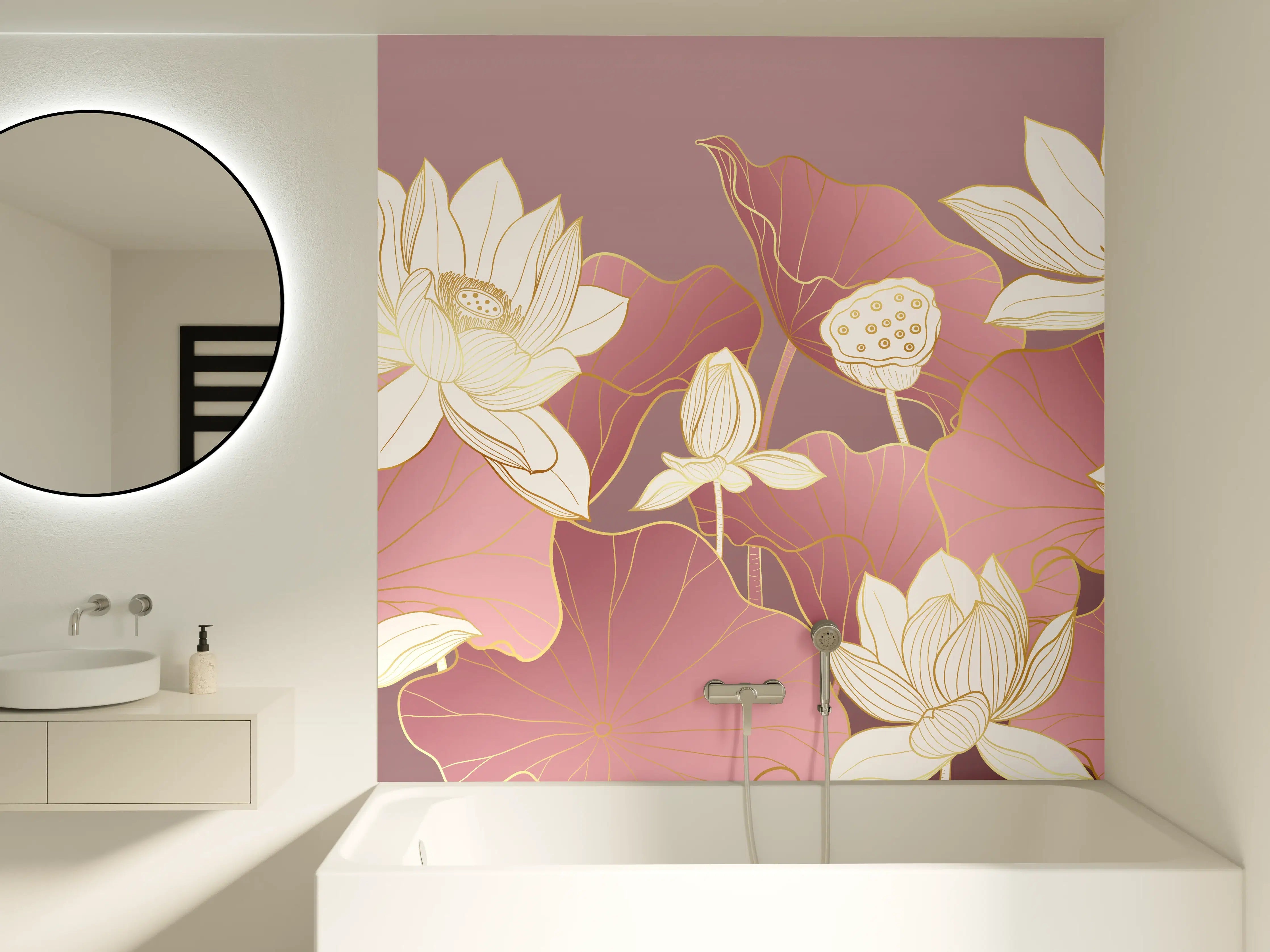 Badewannen-Rückwand - Zarte Lotusblumen in sanften Rosatönen