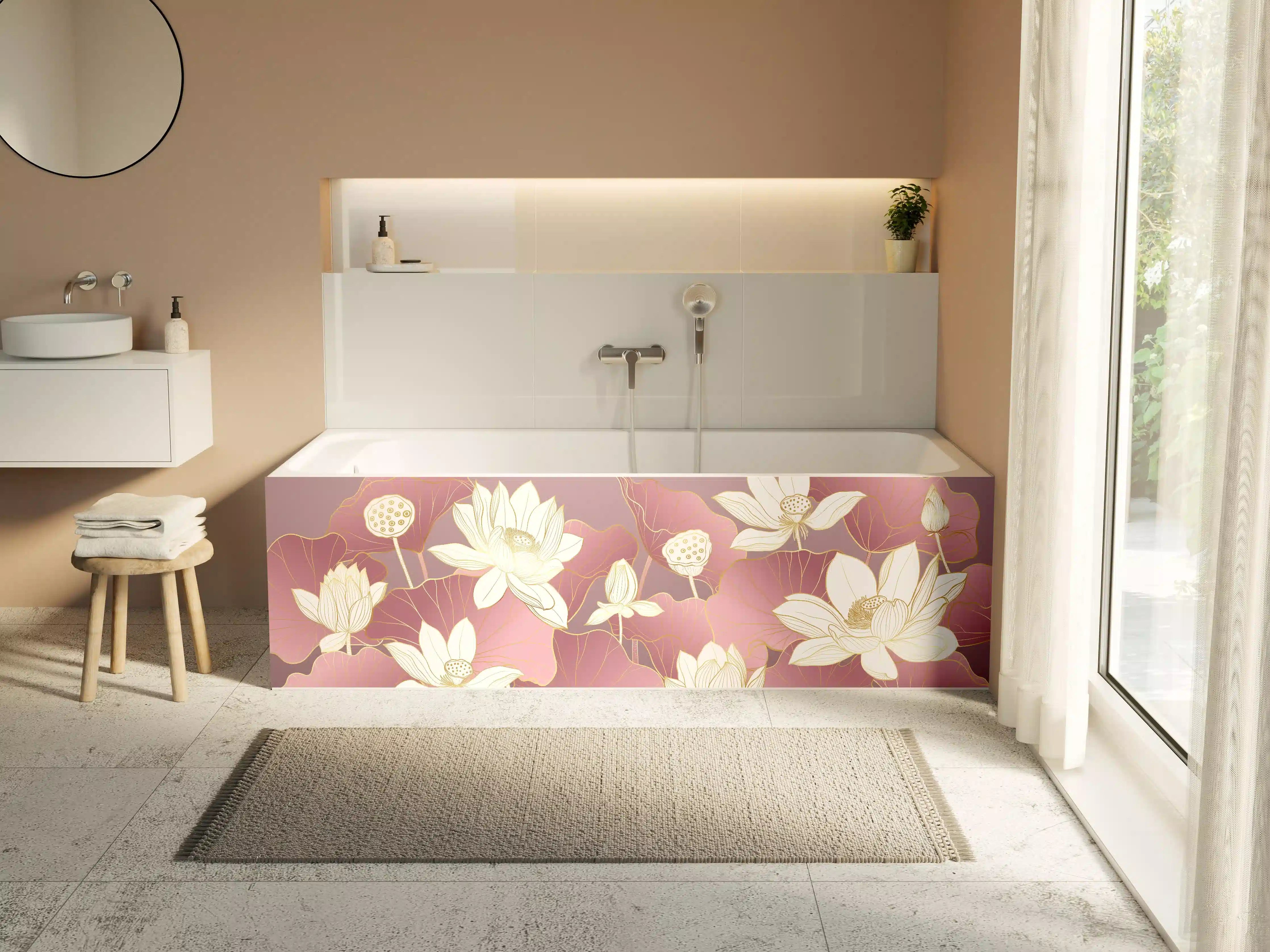 Badewannen-Rückwand - Zarte Lotusblumen in sanften Rosatönen