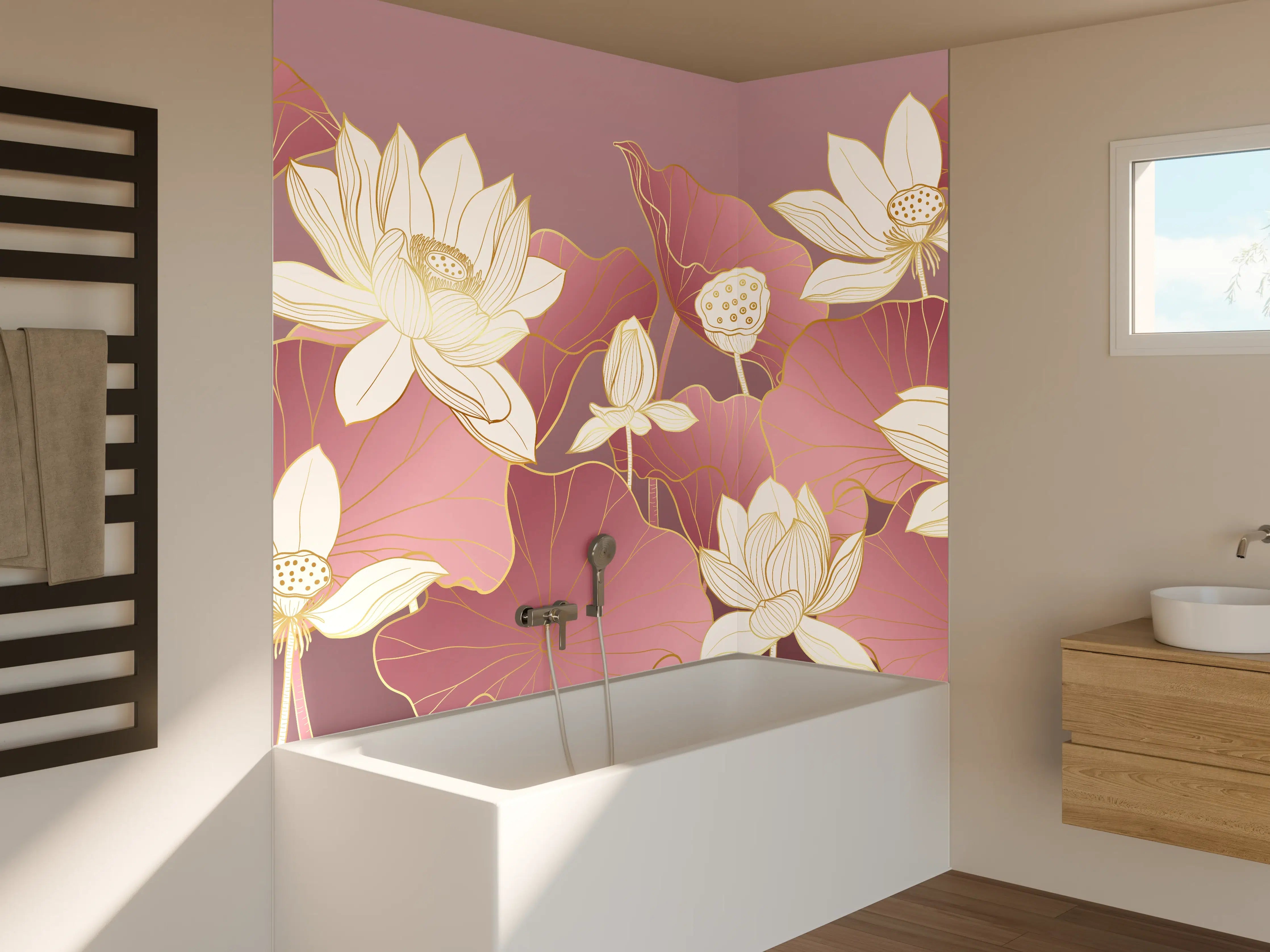 Badewannen-Rückwand - Zarte Lotusblumen in sanften Rosatönen