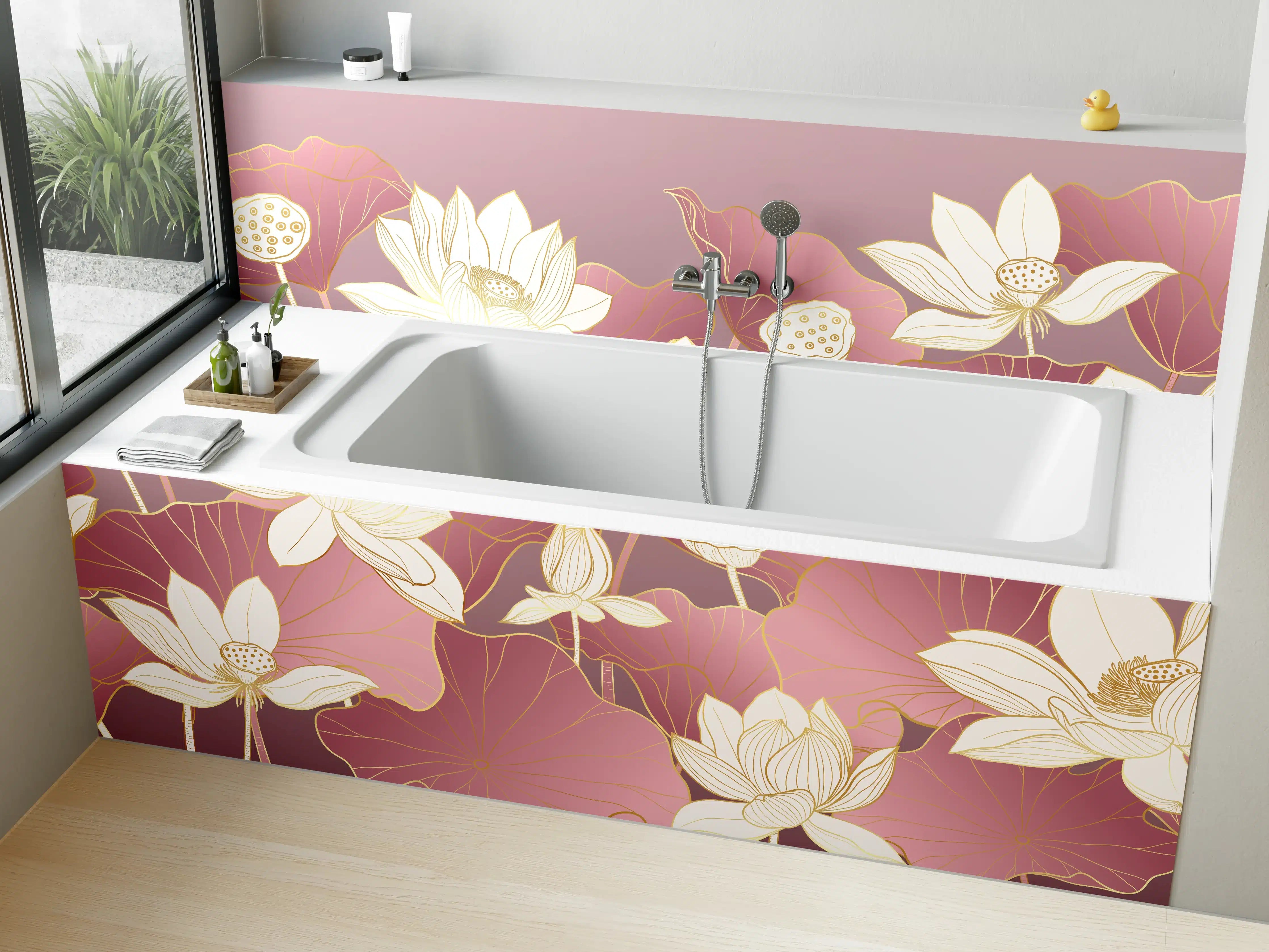 Badewannen-Rückwand - Zarte Lotusblumen in sanften Rosatönen
