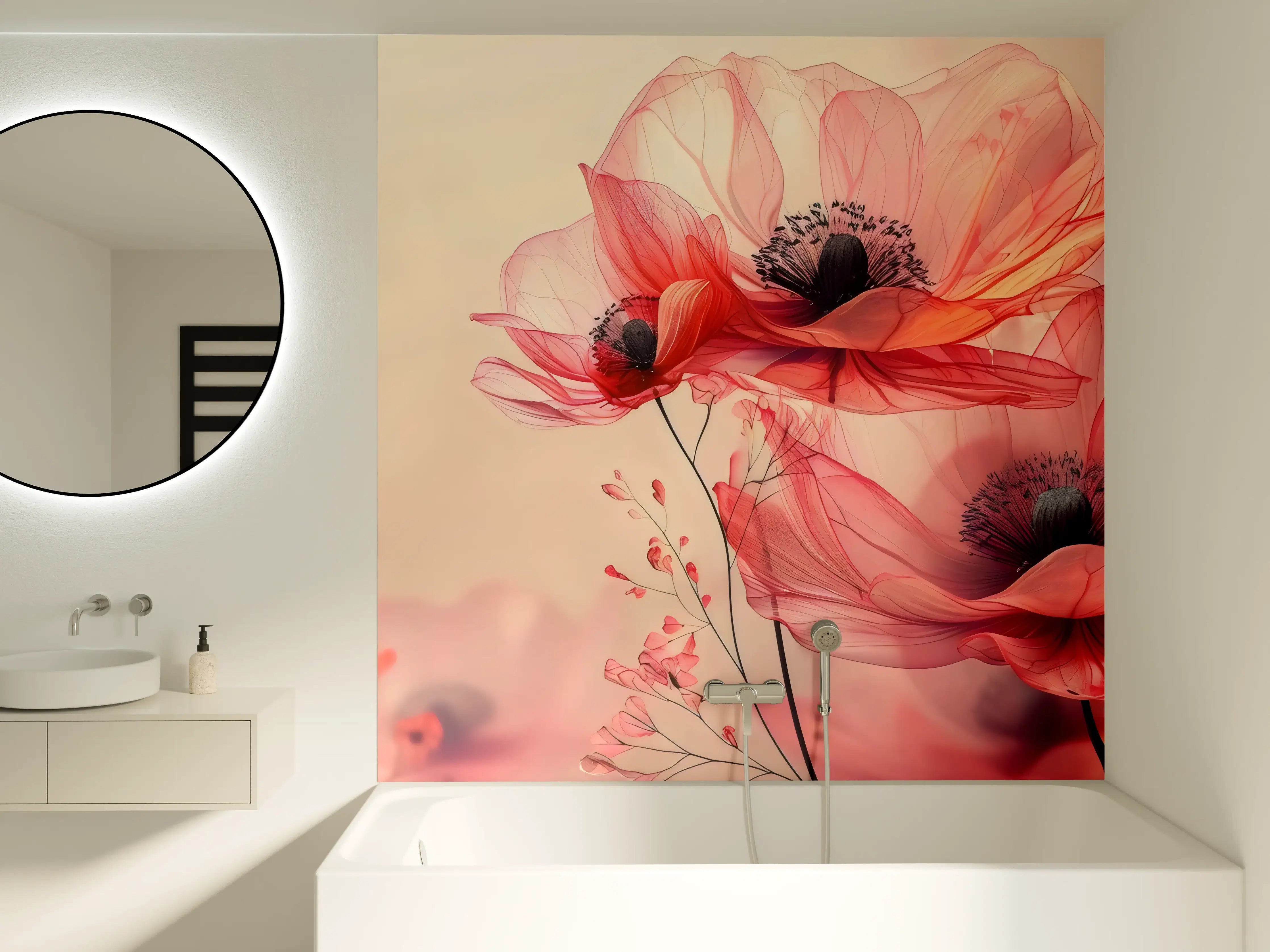 Badewannen-Rückwand - Zarte Mohnblüten in Rosa
