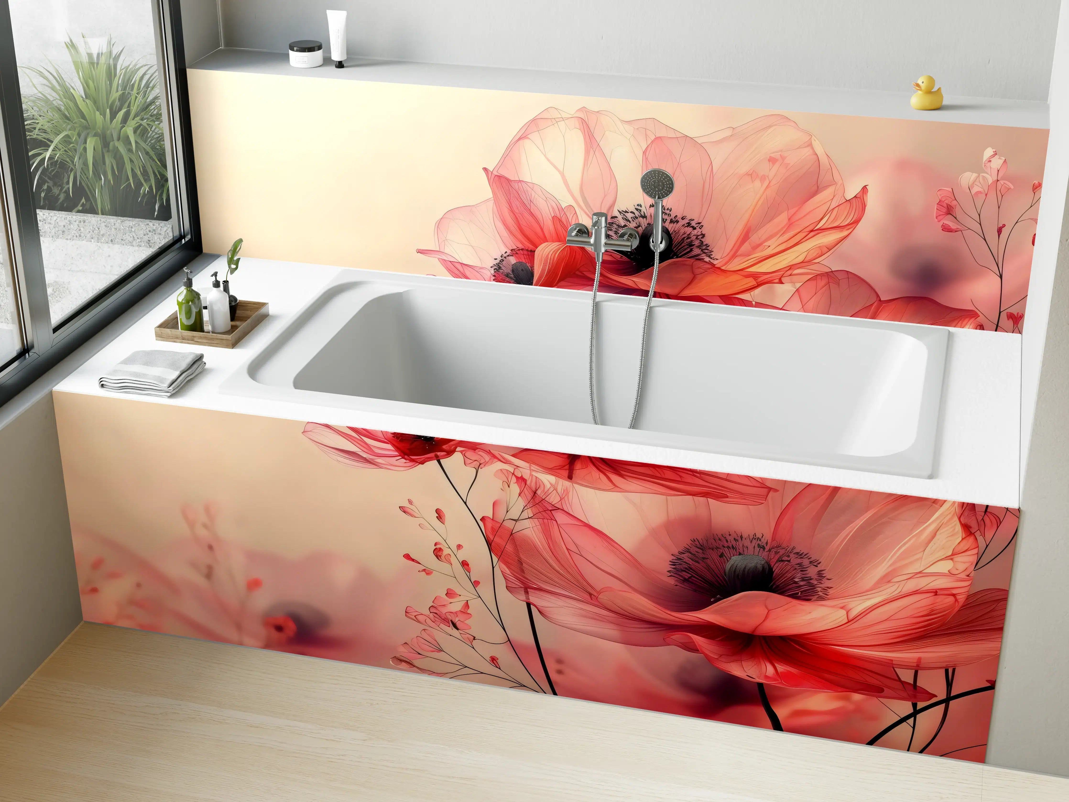 Badewannen-Rückwand - Zarte Mohnblüten in Rosa