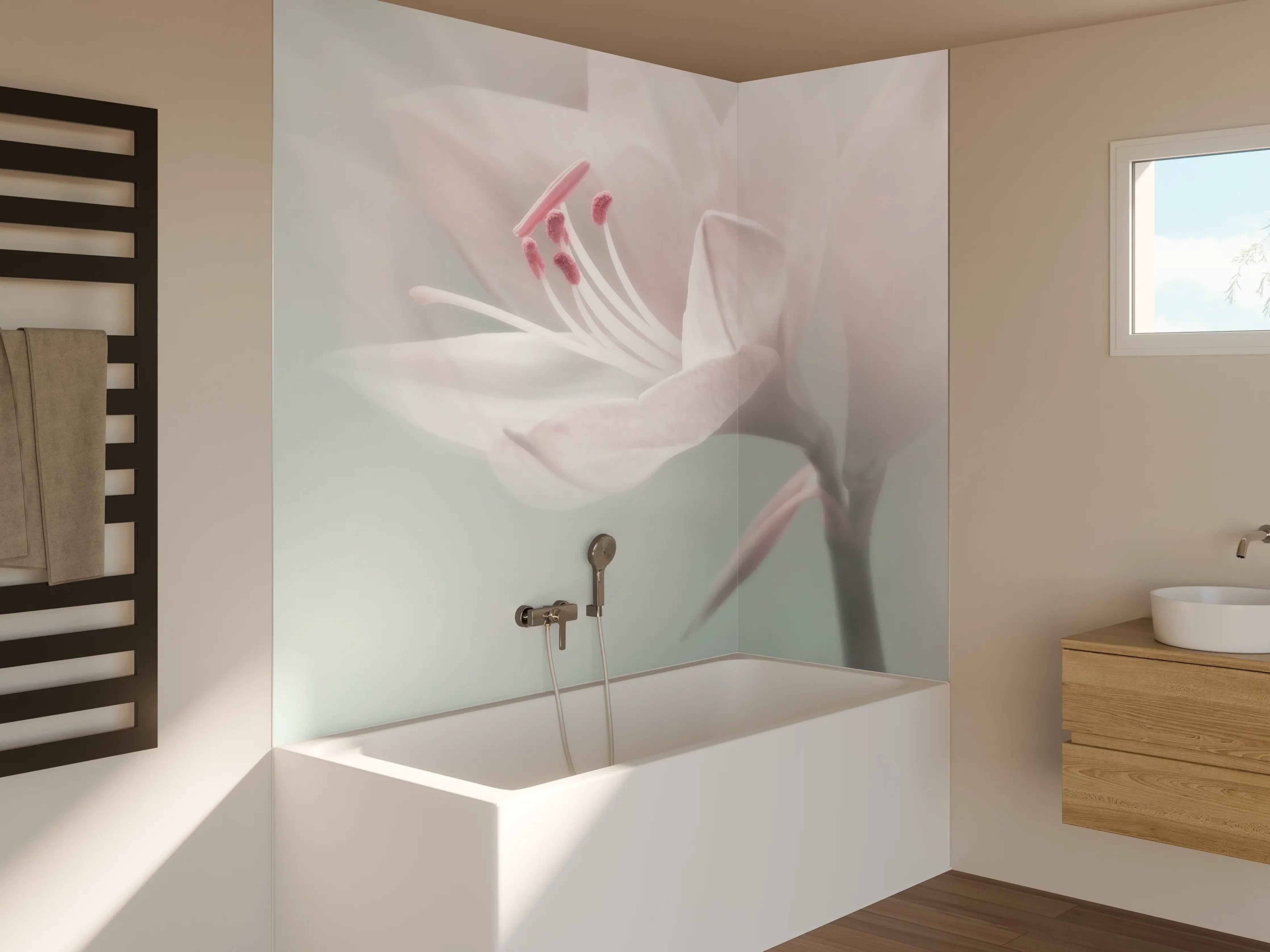 Badewannen-Rückwand - Zarte rosa Blüte mit sanften Pastellfarben