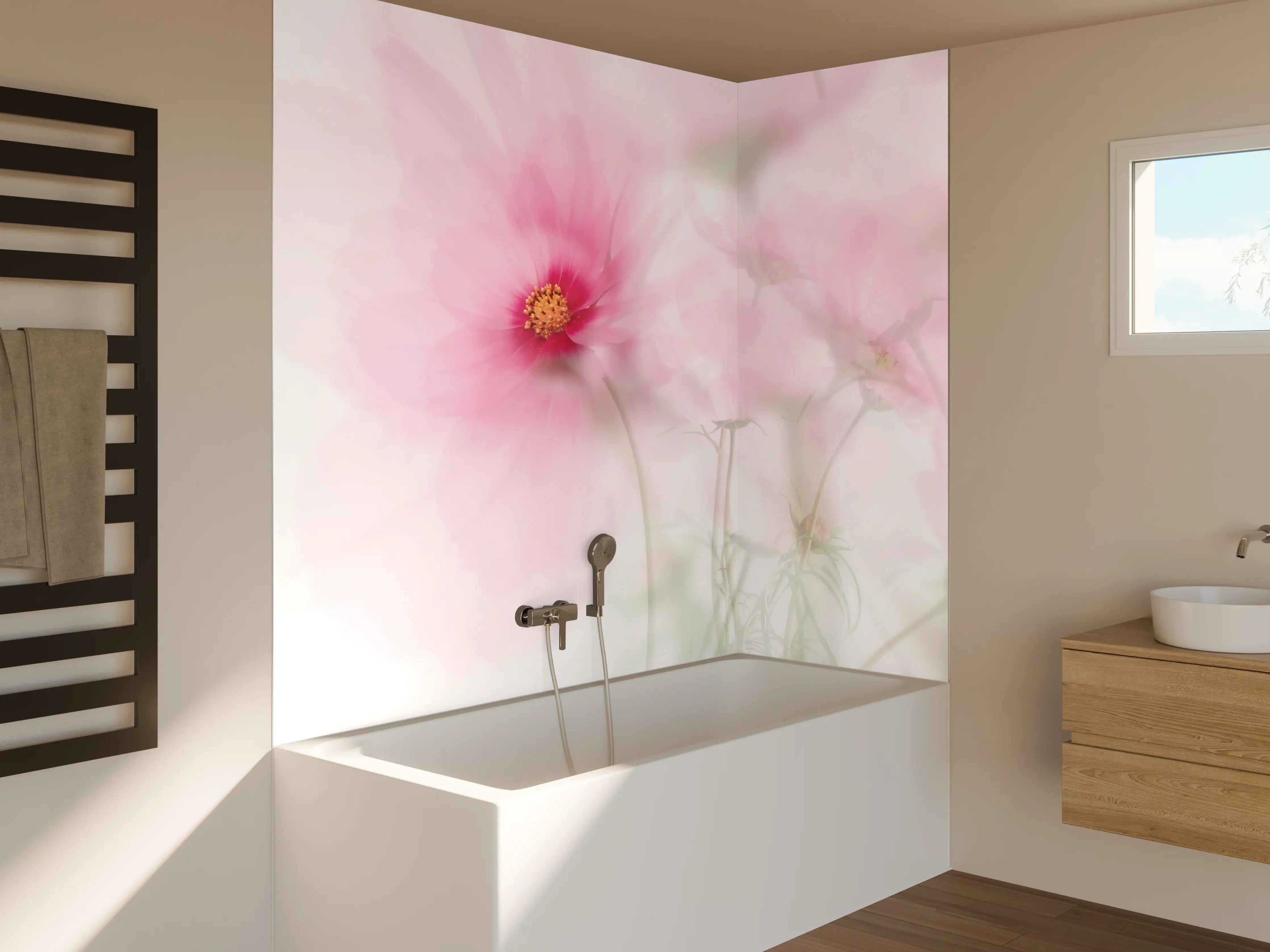Badewannen-Rückwand - Zarte rosa Blüte mit weichem Hintergrund