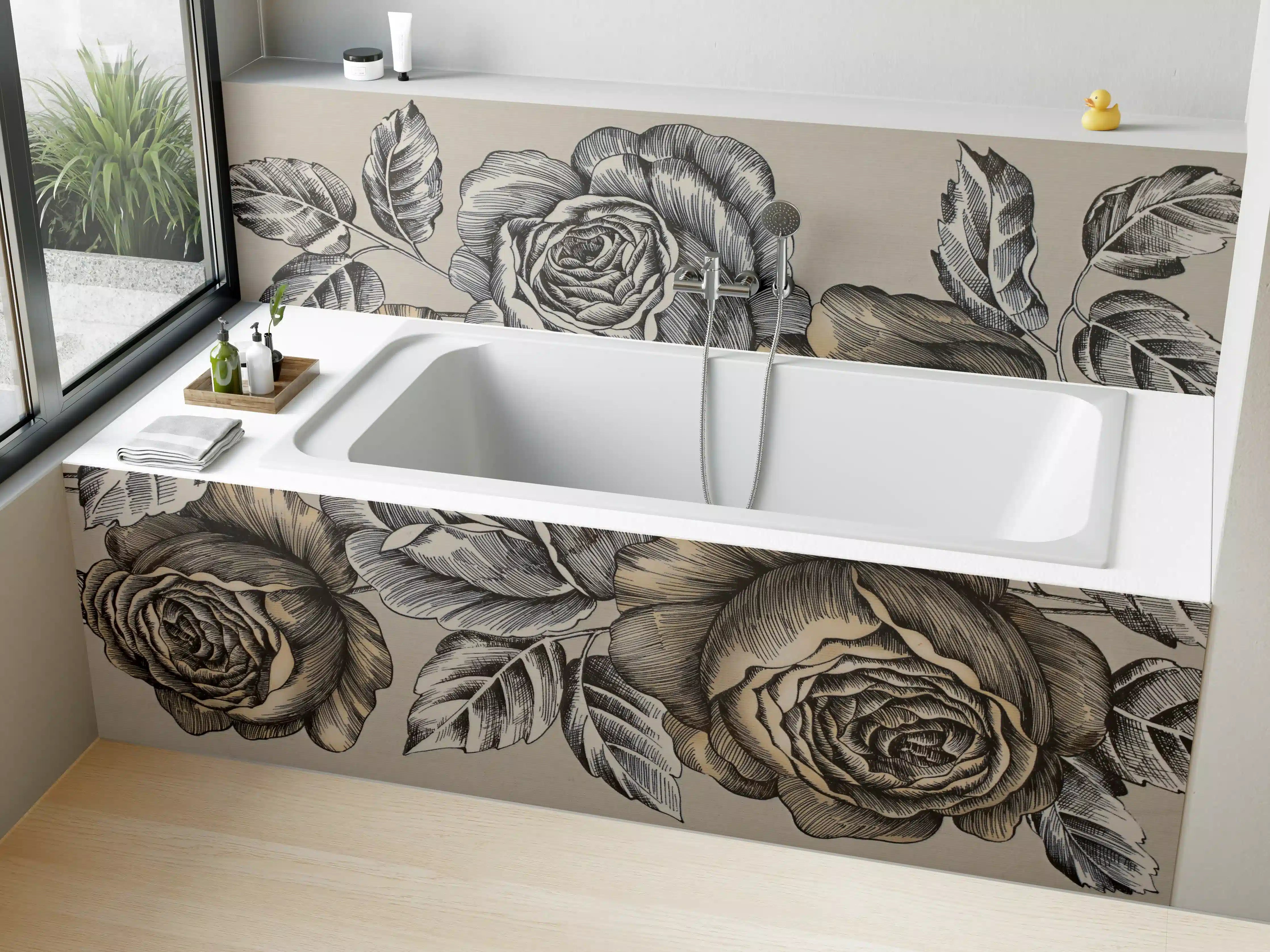 Badewannen-Rückwand - Zeichnung Monochrome Rosen