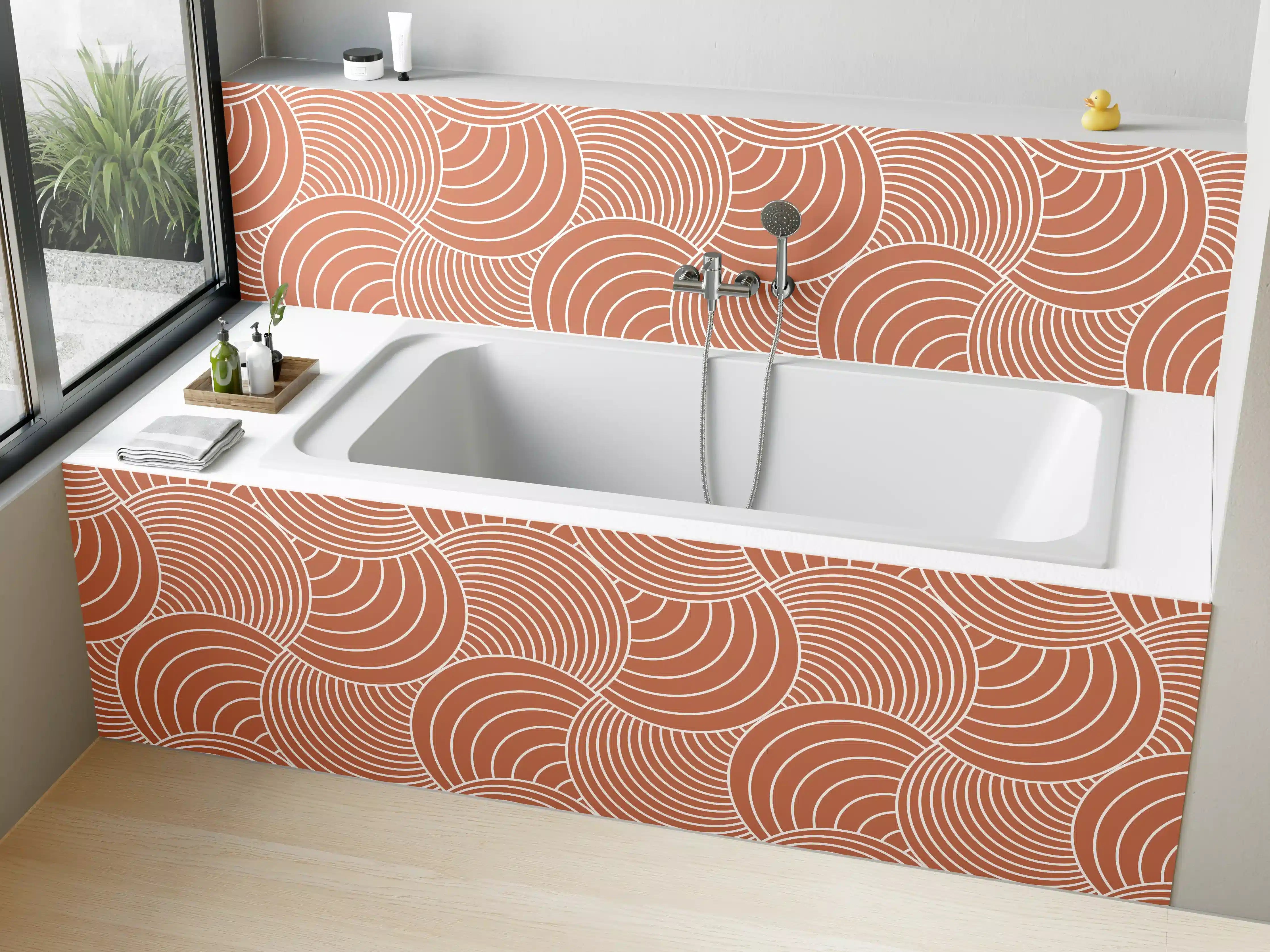 Badewannen-Rückwand - Zeitlose Graumuster in warmem Weiß