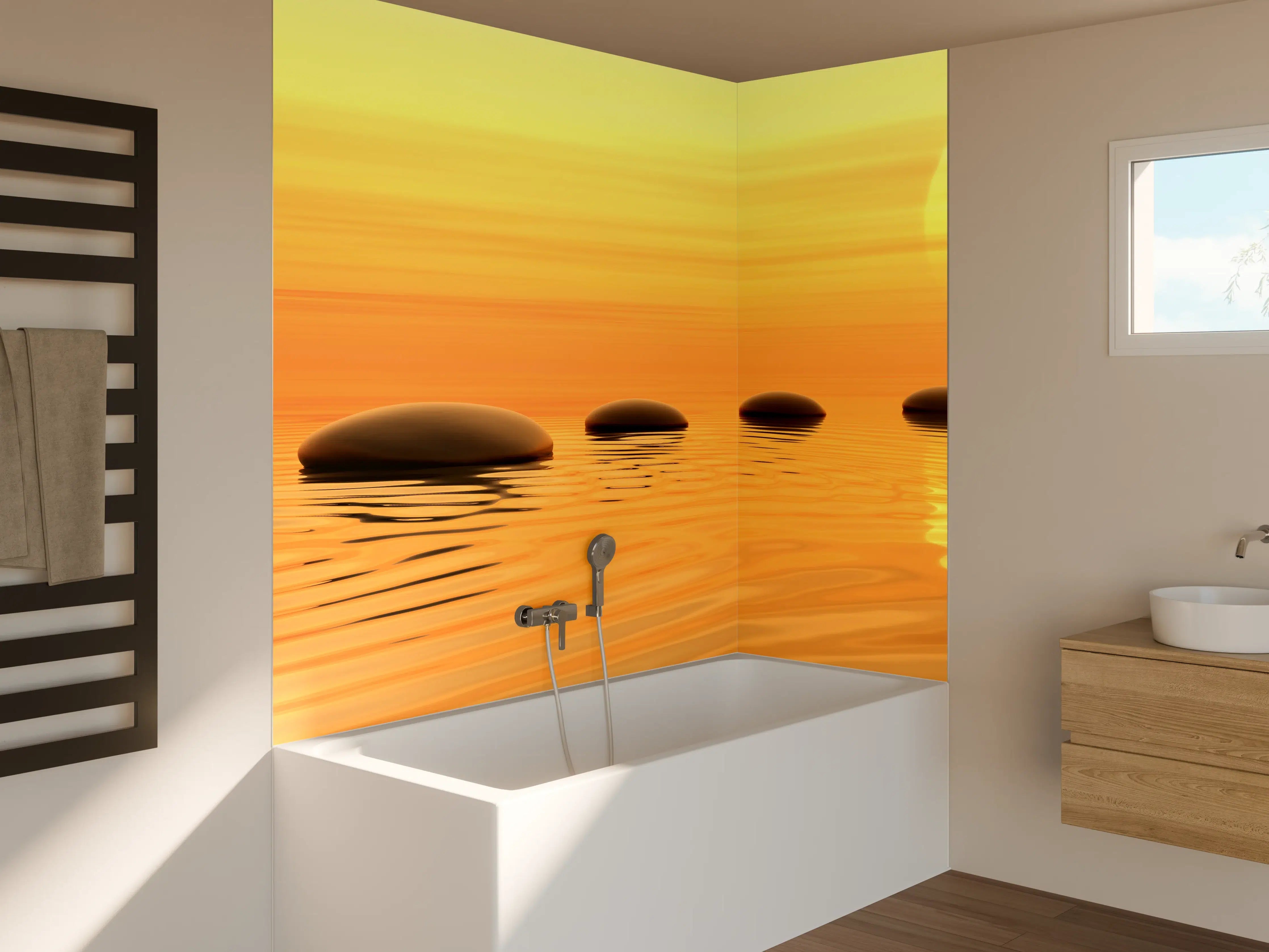 Badewannen-Rückwand - Zen-Pfad aus Steinen bei endlosem Sonnenuntergang