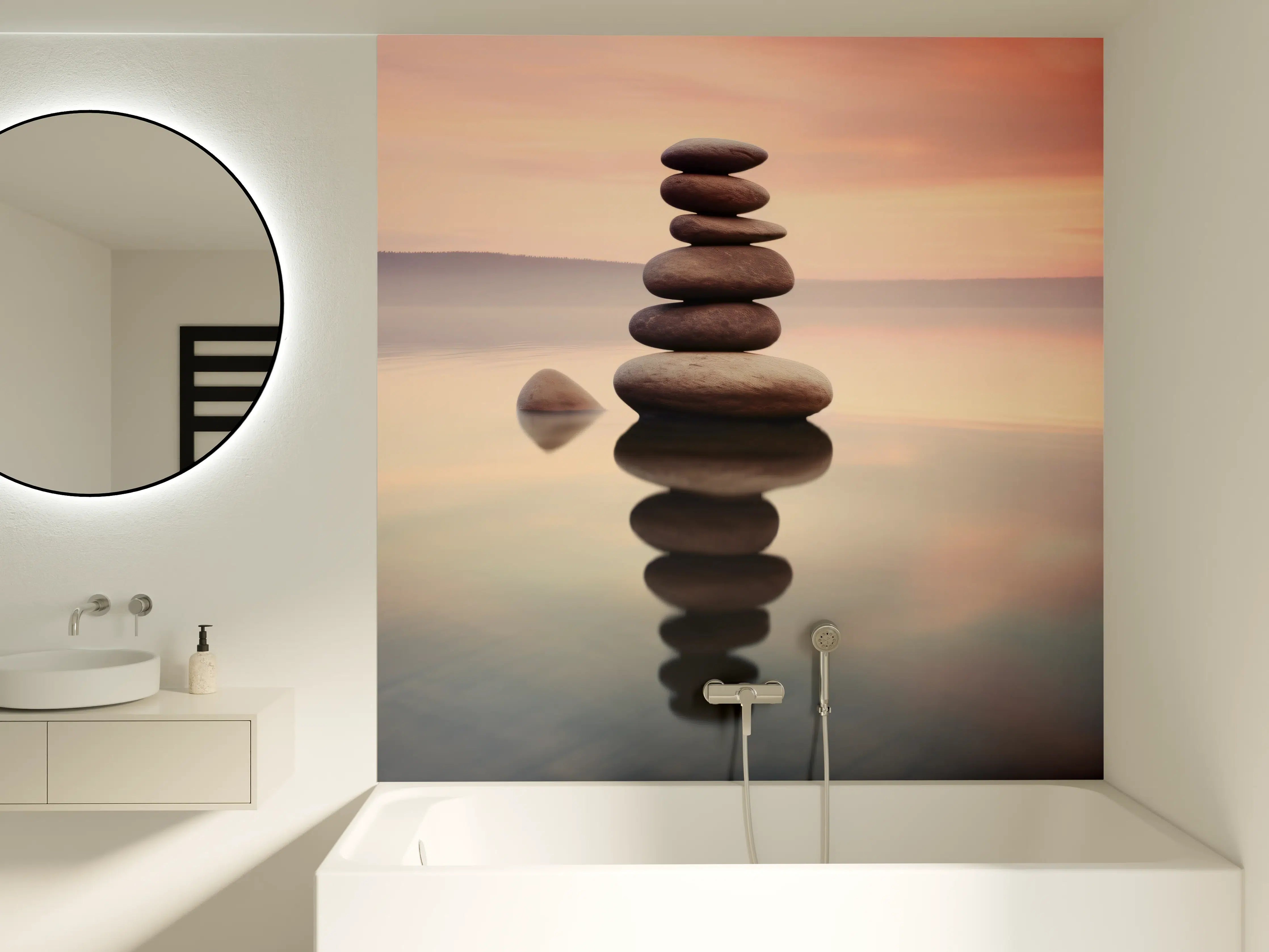 Badewannen-Rückwand - Zen-Steine am rosa Sonnenuntergang
