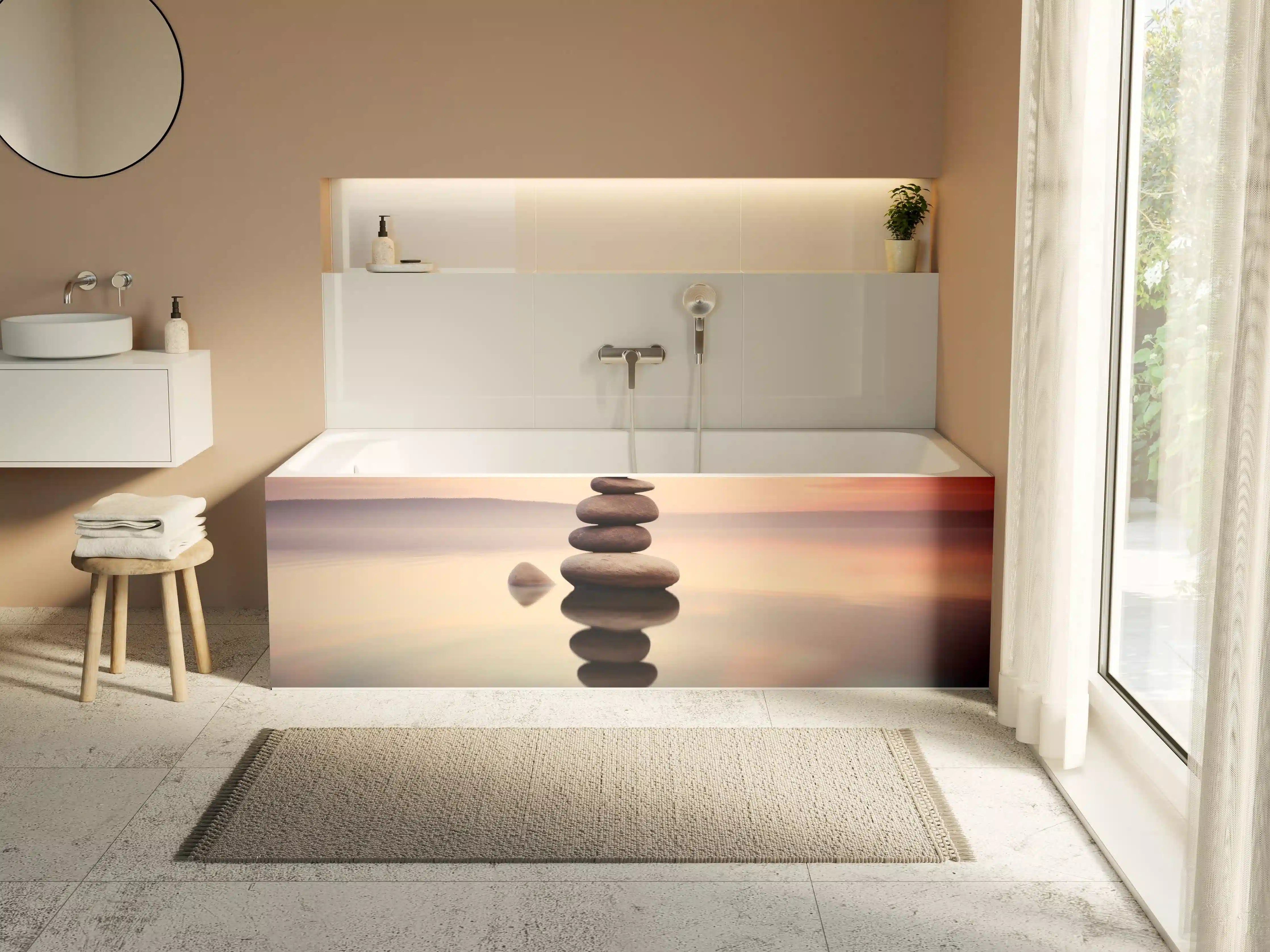 Badewannen-Rückwand - Zen-Steine am rosa Sonnenuntergang