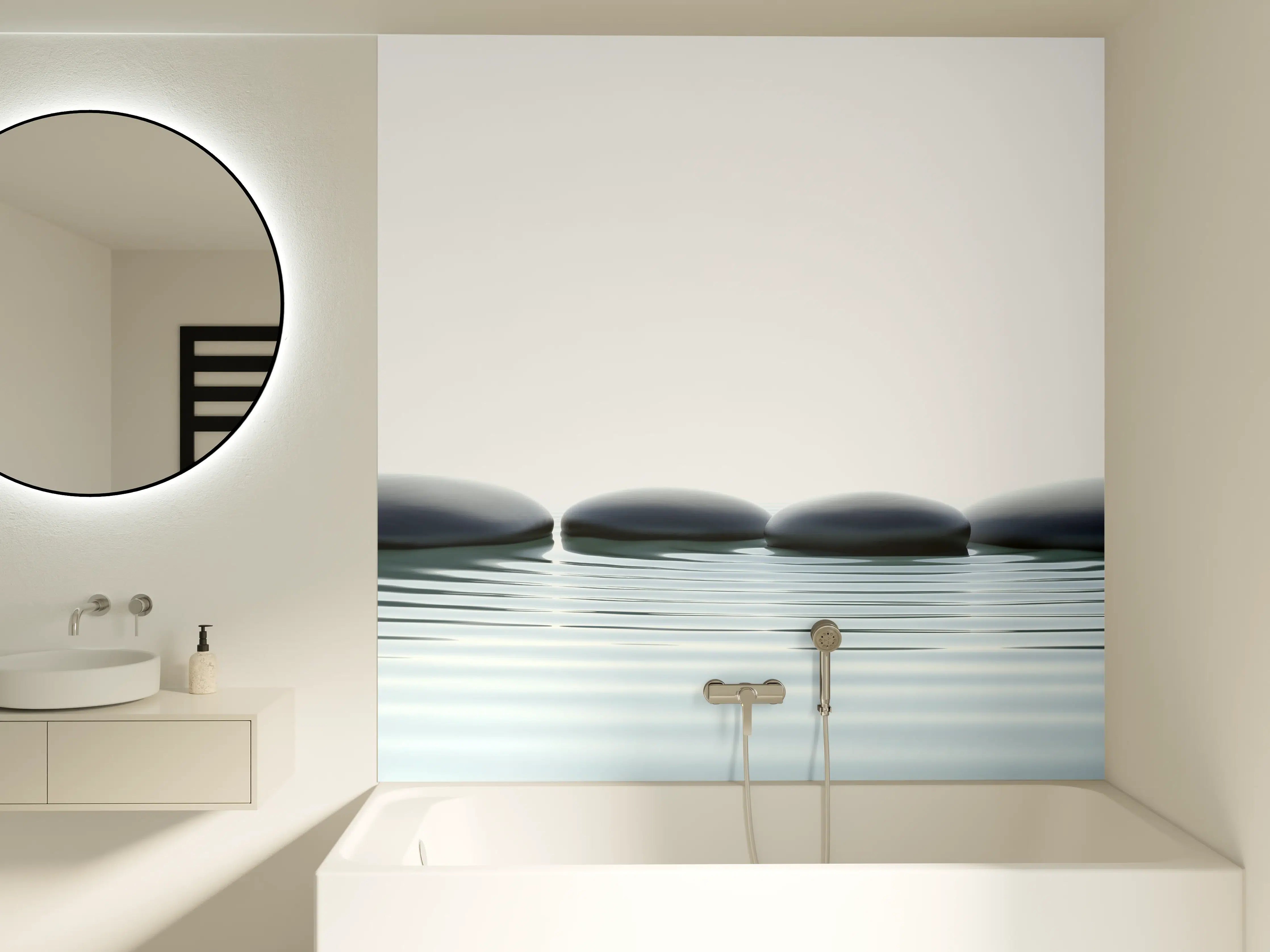 Badewannen-Rückwand - Zen-Steine im Wasser mit Wellen
