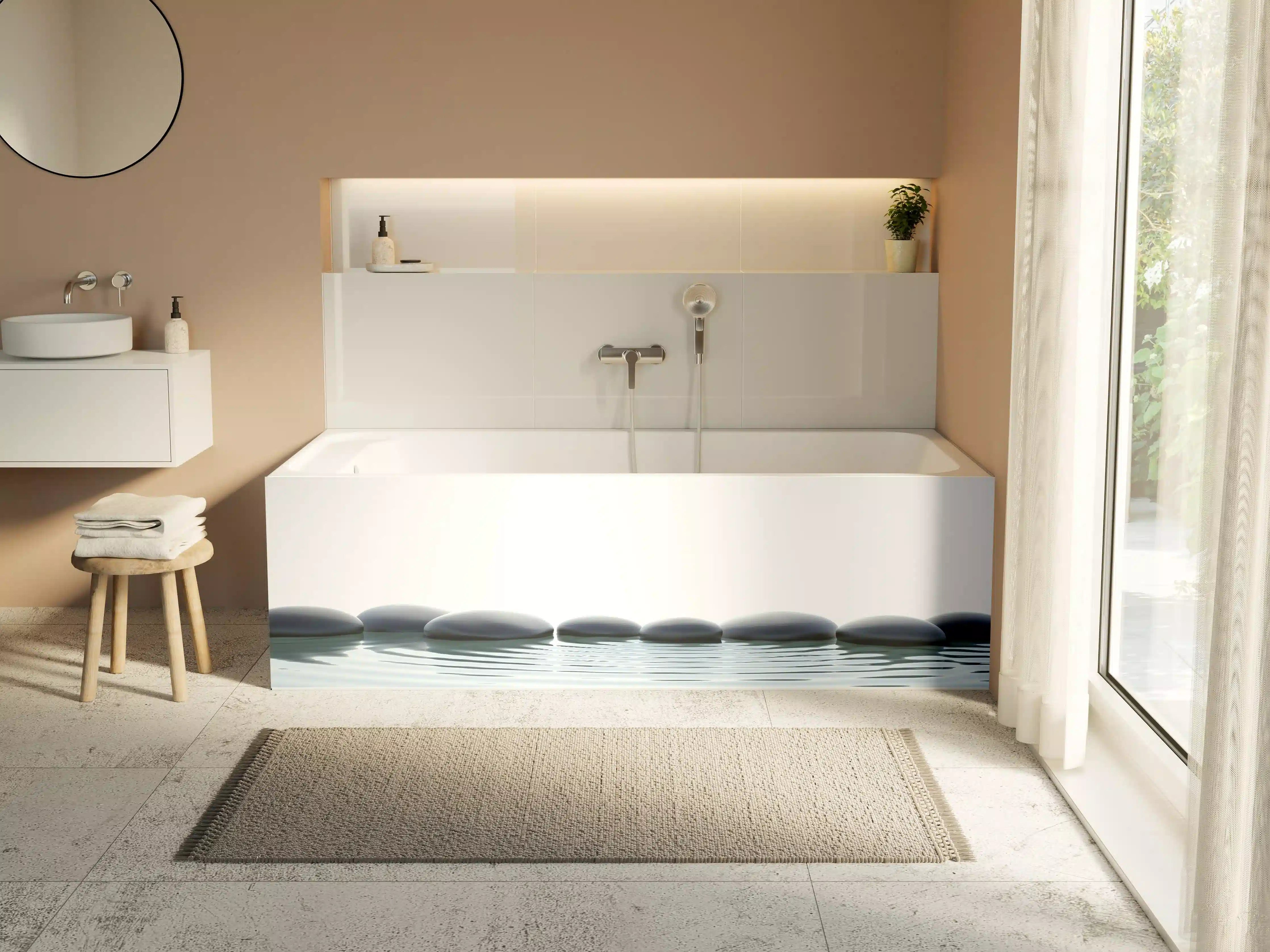 Badewannen-Rückwand - Zen-Steine im Wasser mit Wellen