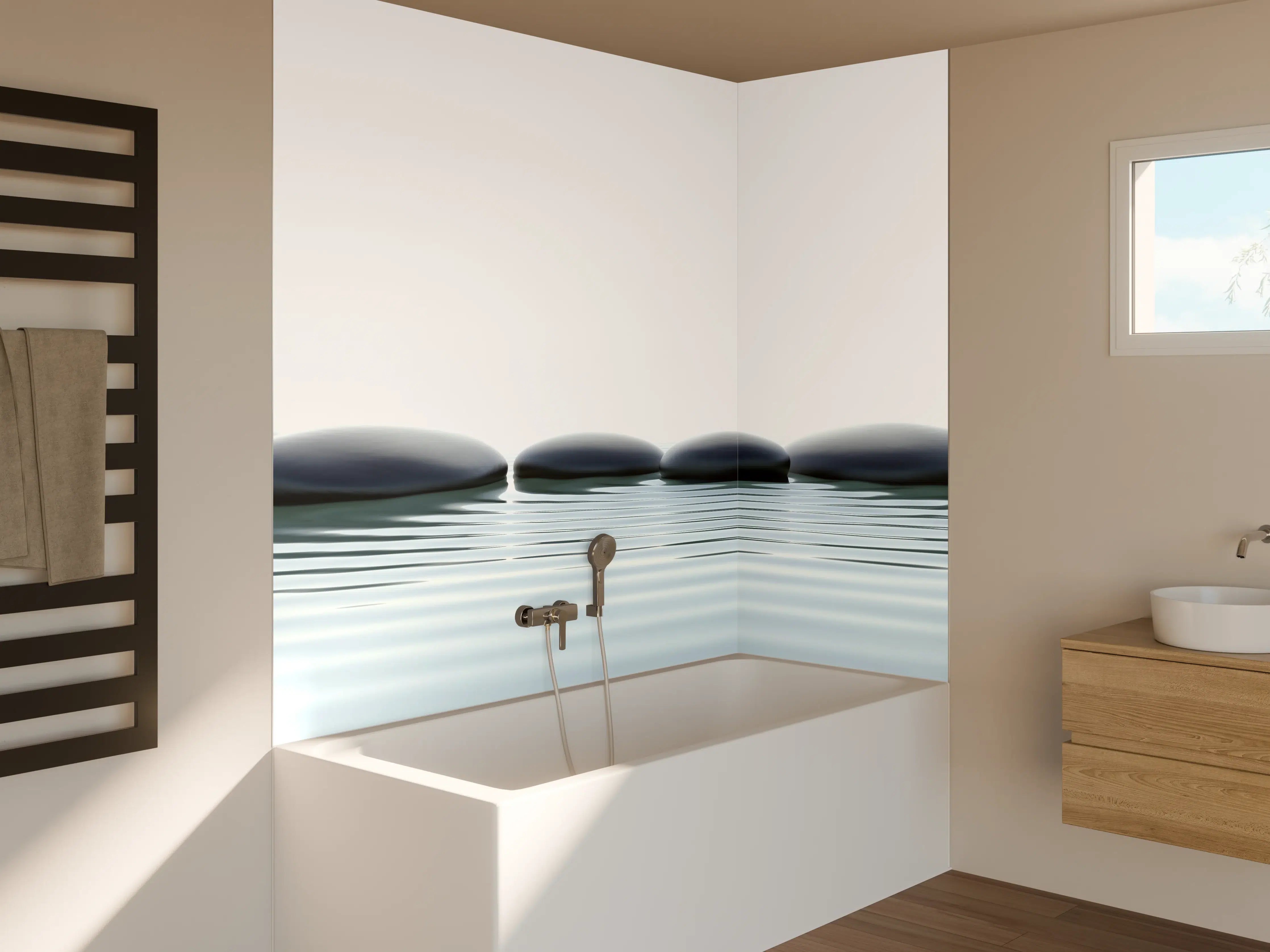 Badewannen-Rückwand - Zen-Steine im Wasser mit Wellen