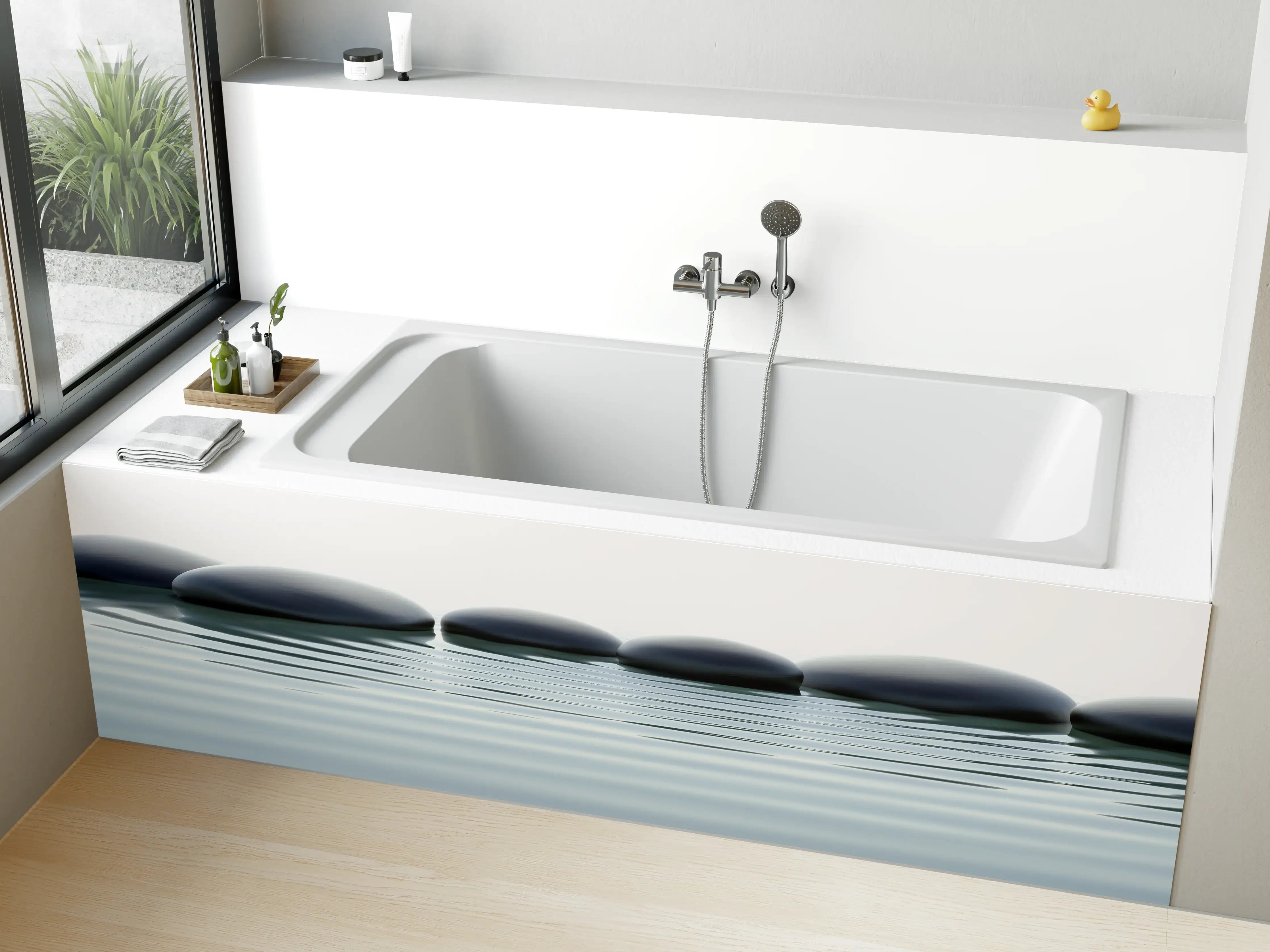 Badewannen-Rückwand - Zen-Steine im Wasser mit Wellen