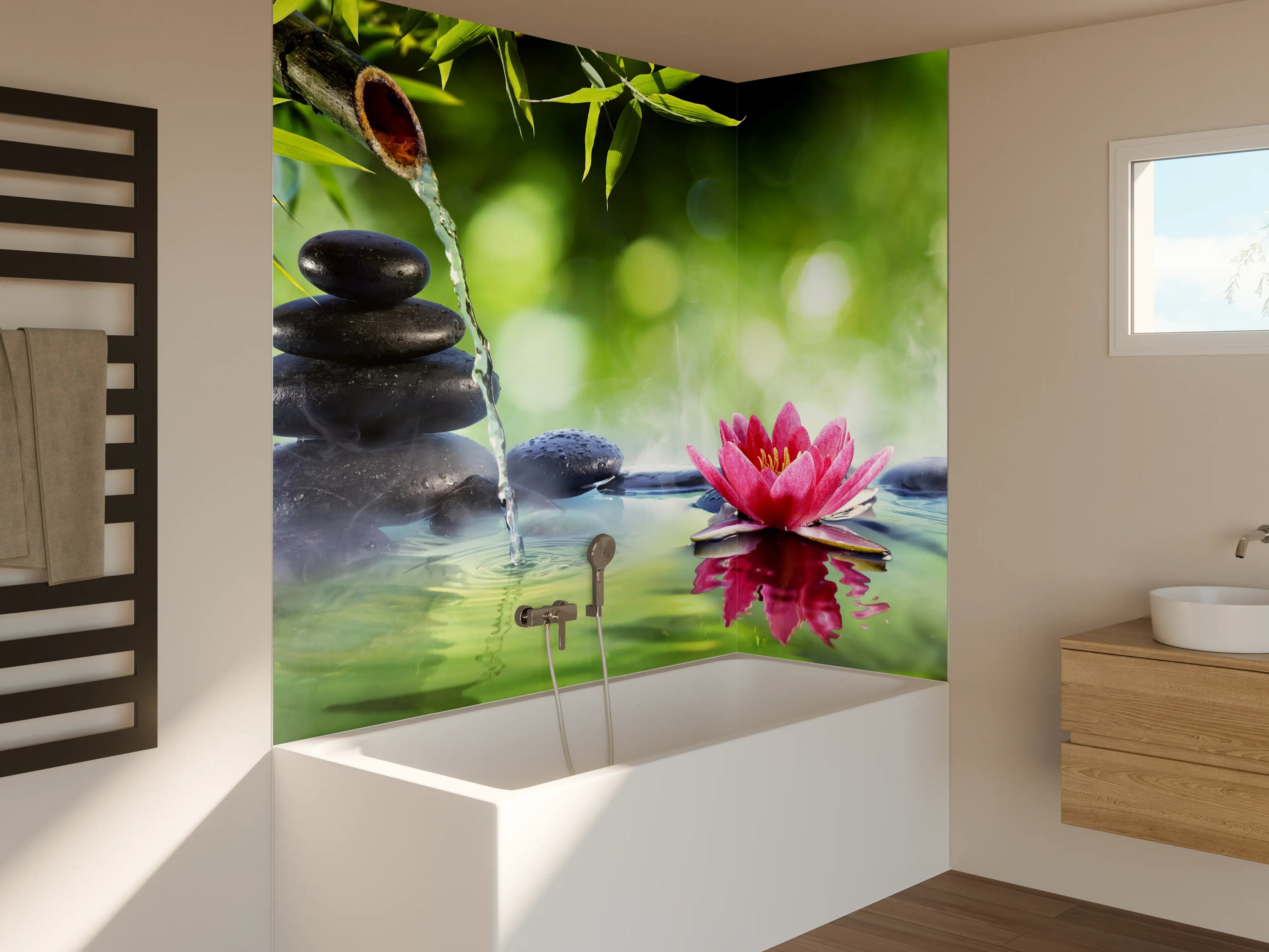 Badewannen-Rückwand - Zen-Steine mit Lotusblüte